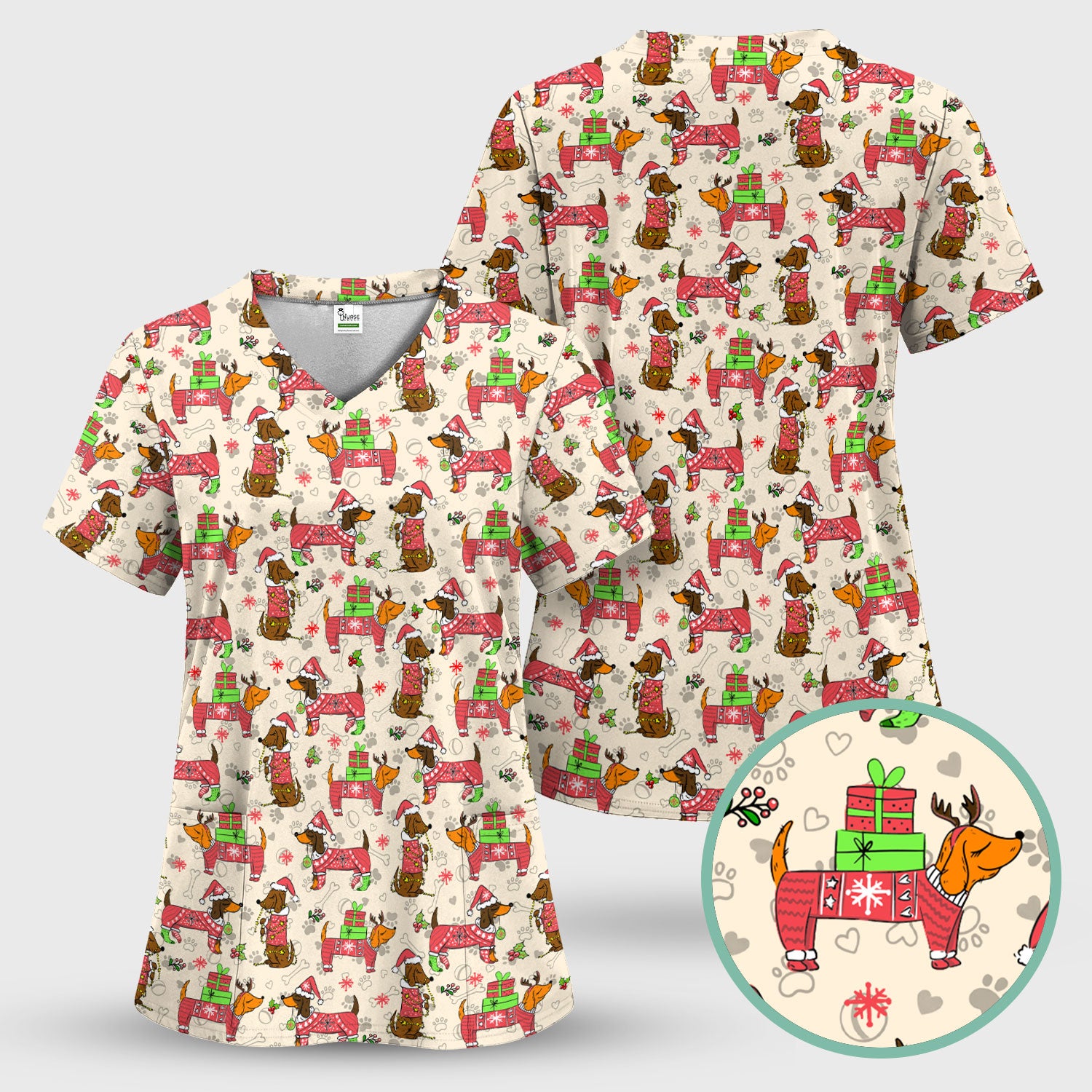 Christmas Dachshund Nurse Scrub Top for Women - Cute Sausage Dog in Santa Hat & Xmas Gift - Funny Holiday Nursing Shirt RN LPN CNA