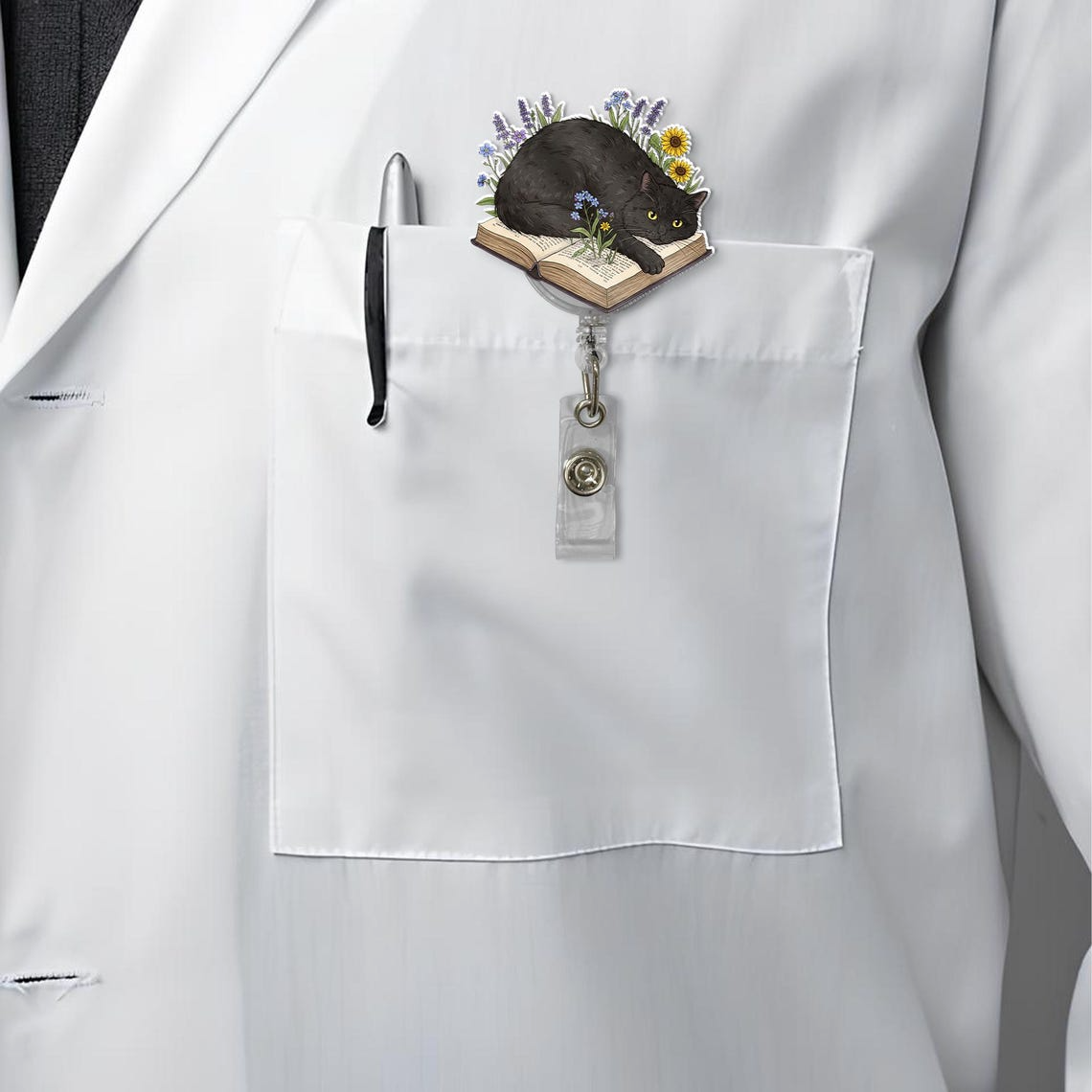 Black Cat Badge Reel, Retractable Book Lover ID Holder Clip, Nurse Badge Accessories, RN LPN CNA ER Gift