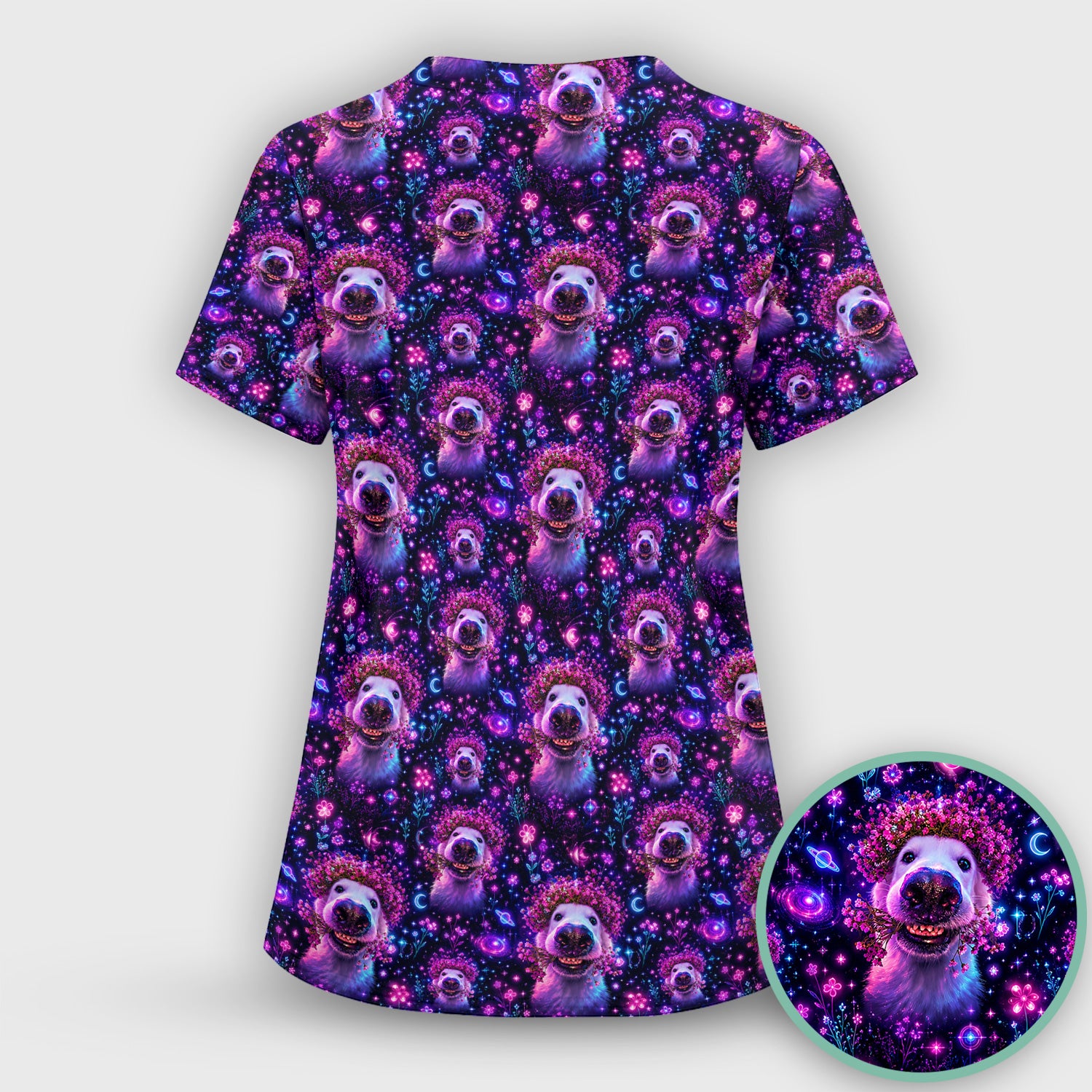 Galaxy Golden Retriever Pattern Scrub Set, Scrub Pants and V Neck Top