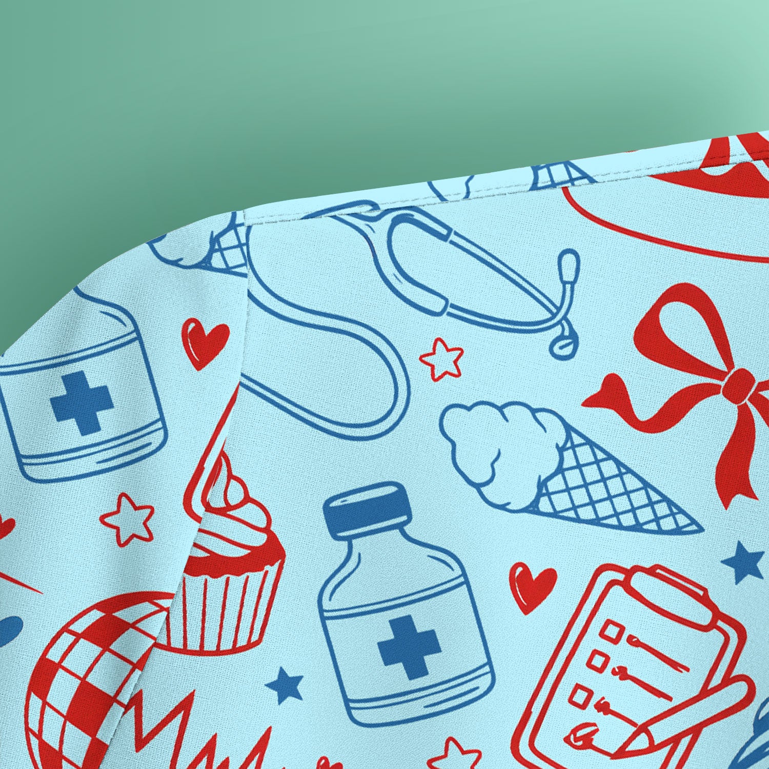 Patriotic Nurse Medical Icons Pattern Scrub Top, Breathable Fabrics Nursing Uniform