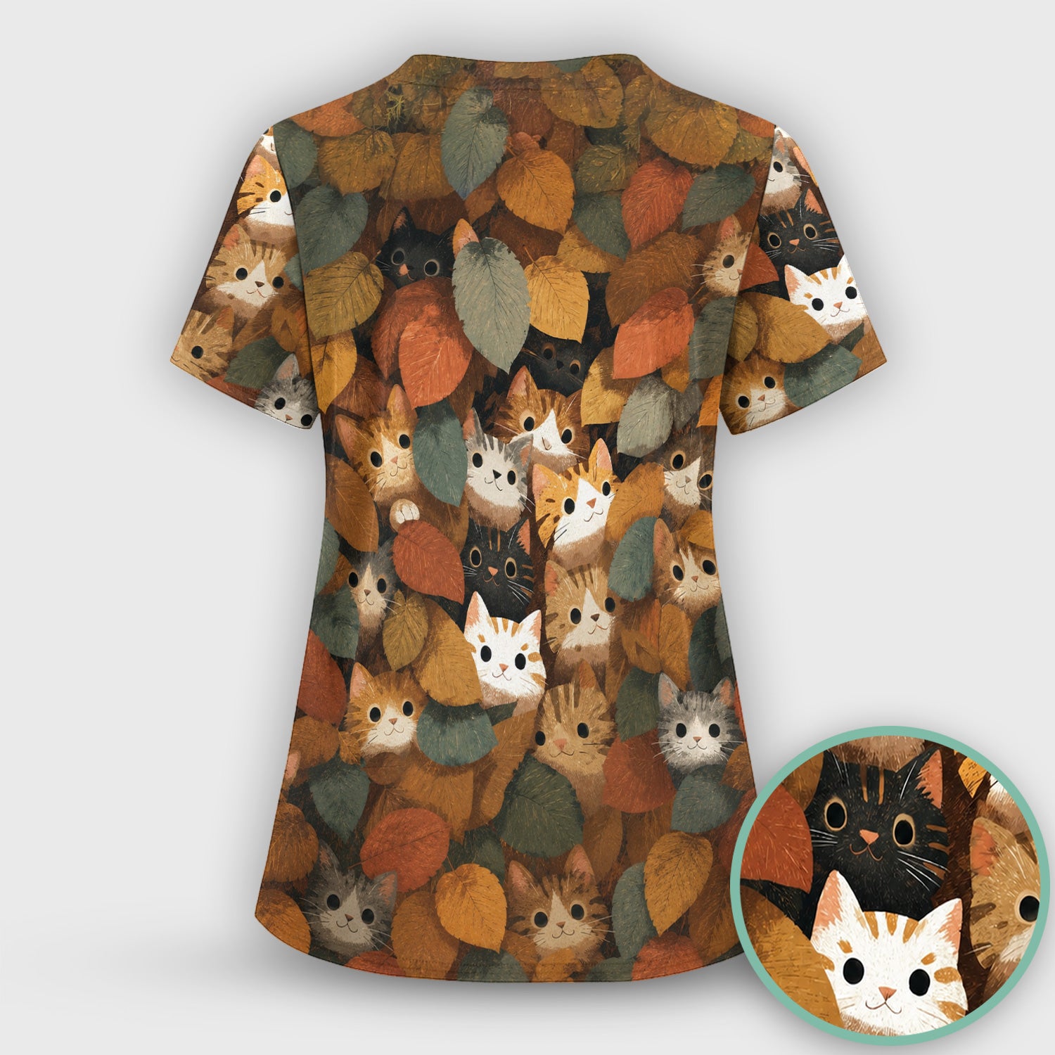 Cute Autumn Cat Leaf Pile Pattern Scrub Top, Comfortable Scrubs for Nurses