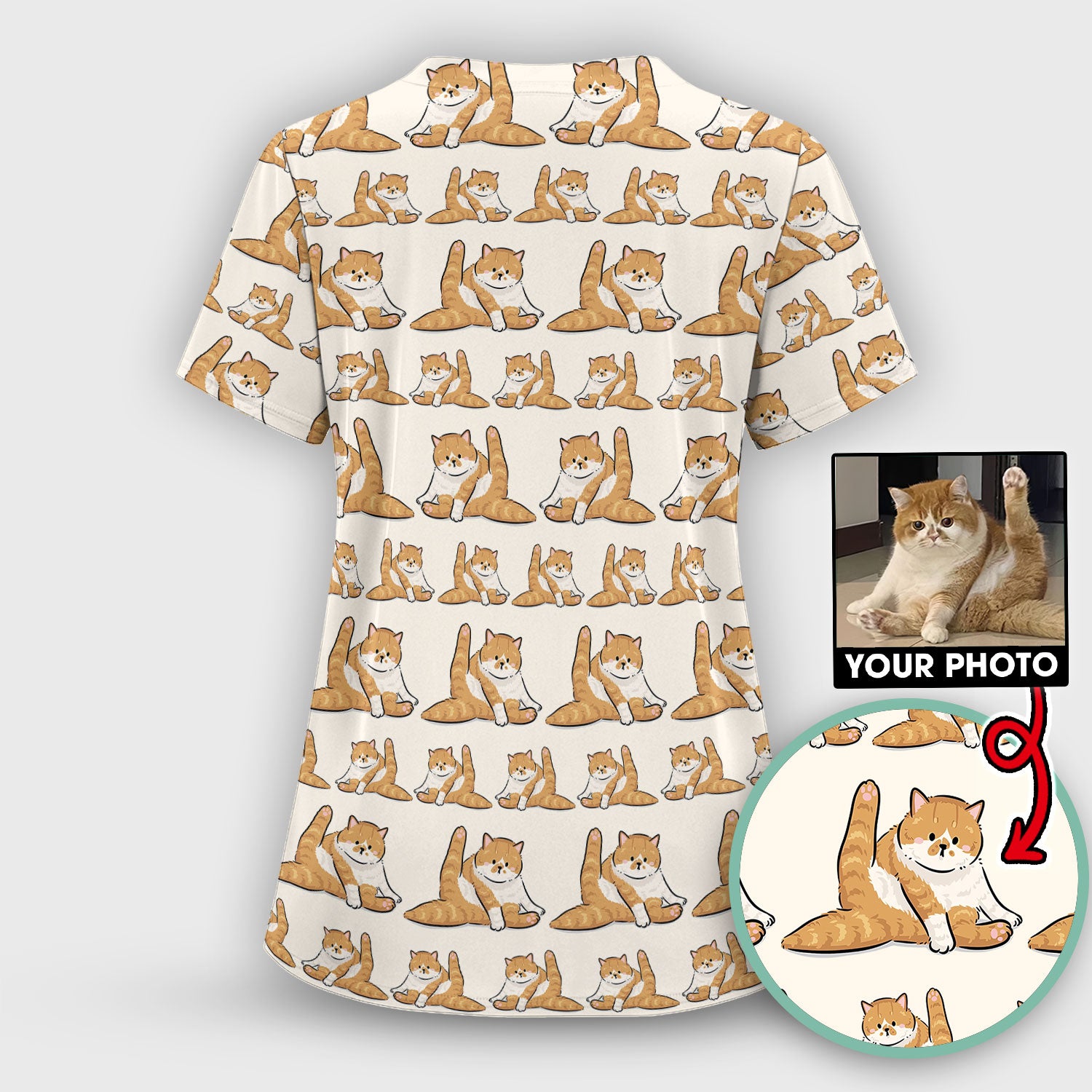 Personalized Cute Cat Nurse Scrub Top, Custom Cat Photo Pattern Medical Shirt For Pet Lover, Breathable Fabrics Nursing Uniform