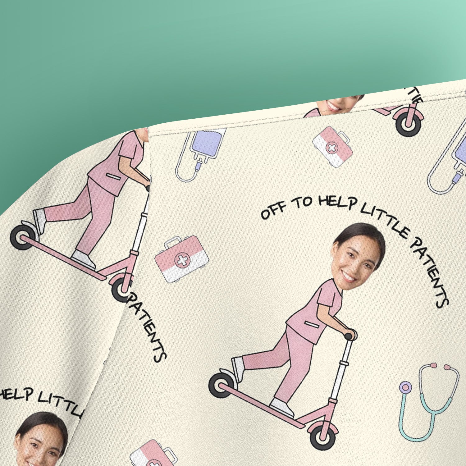 Custom Face Pediatric Nurse Scooter Pattern Scrub Top, Comfortable Scrubs for Nurses