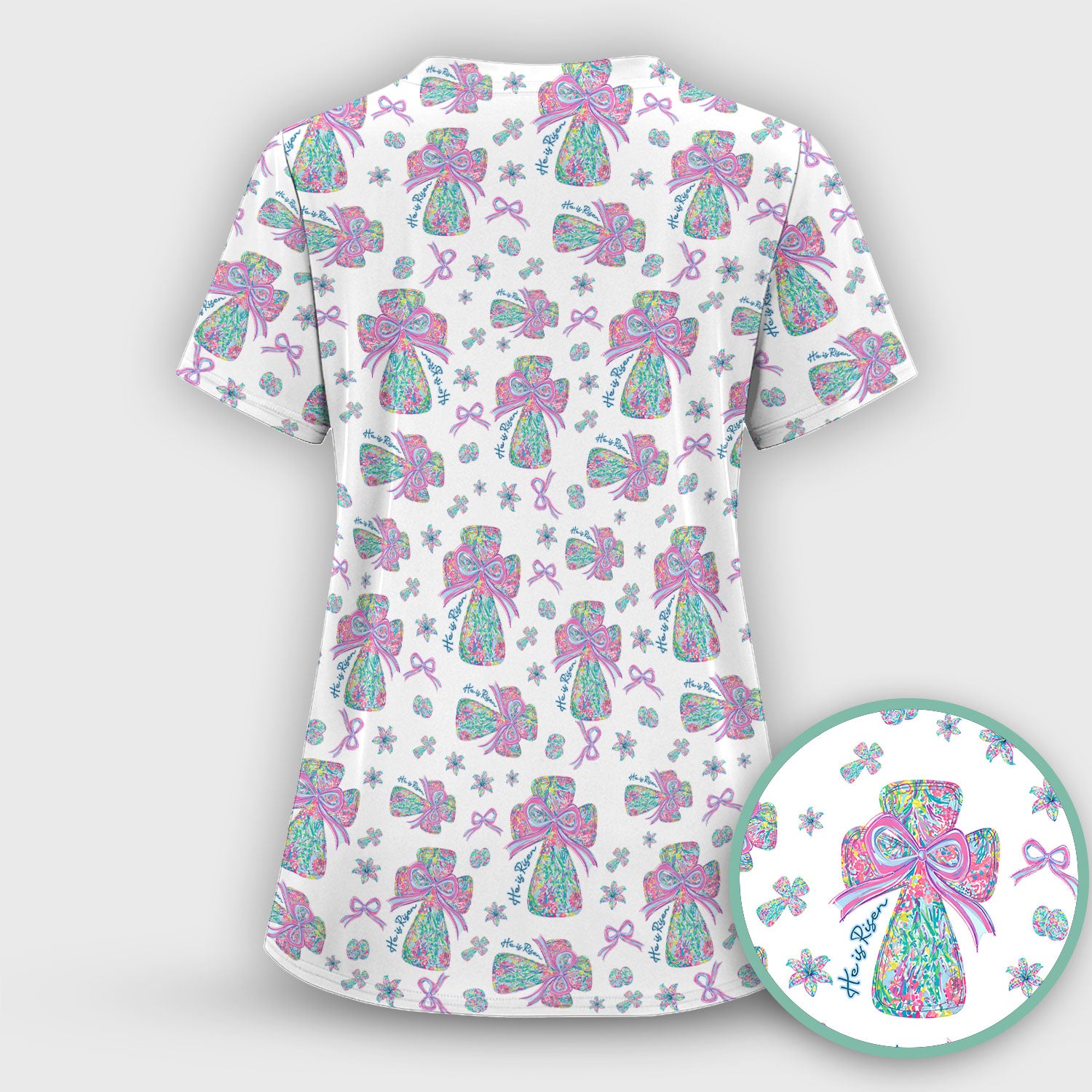 Colorful Bow Pattern Scrub Top, Breathable Fabrics Nursing Uniform