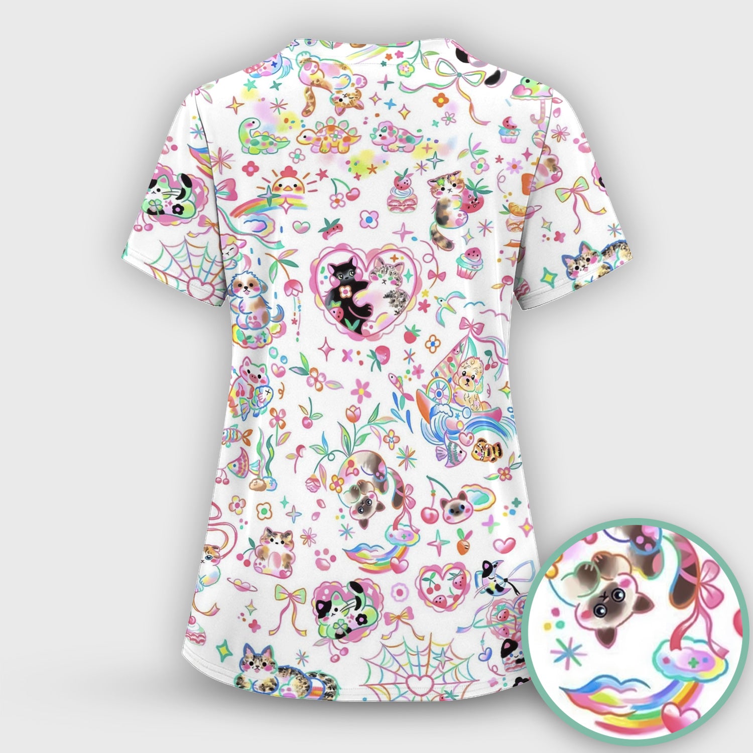 Cute Kawaii Animal Rainbow Heart Pattern Scrub Top, Comfortable Scrubs for Nurses