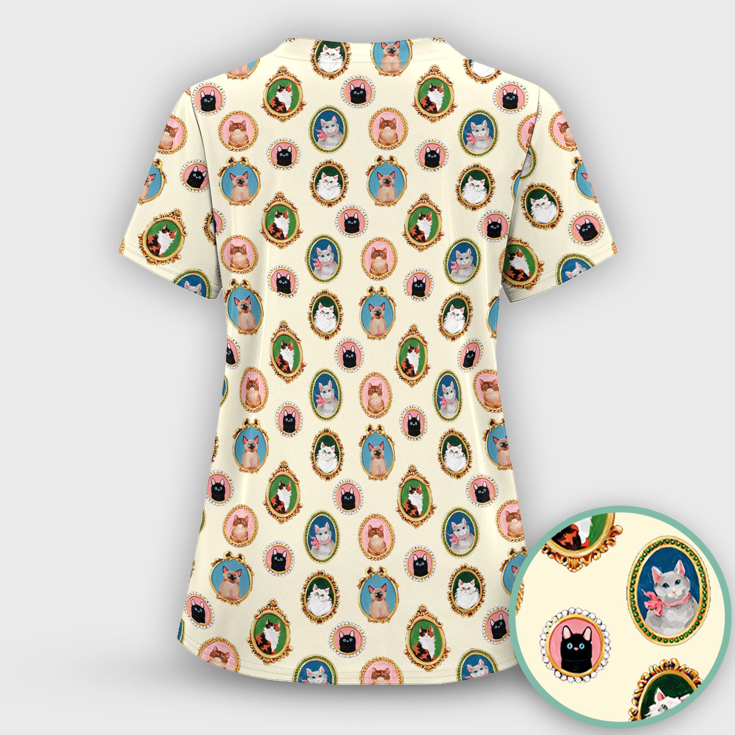 Vintage Cat Portrait Pattern Scrub Top, Breathable Medical Uniform Top