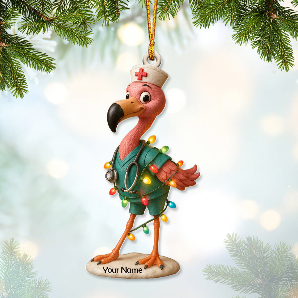 Personalized Nurse Flamingo Ornament, Custom Name Nurse Christmas Decor, Funny Healthcare Worker Holiday Gift, Nursing Xmas Tree Ornament