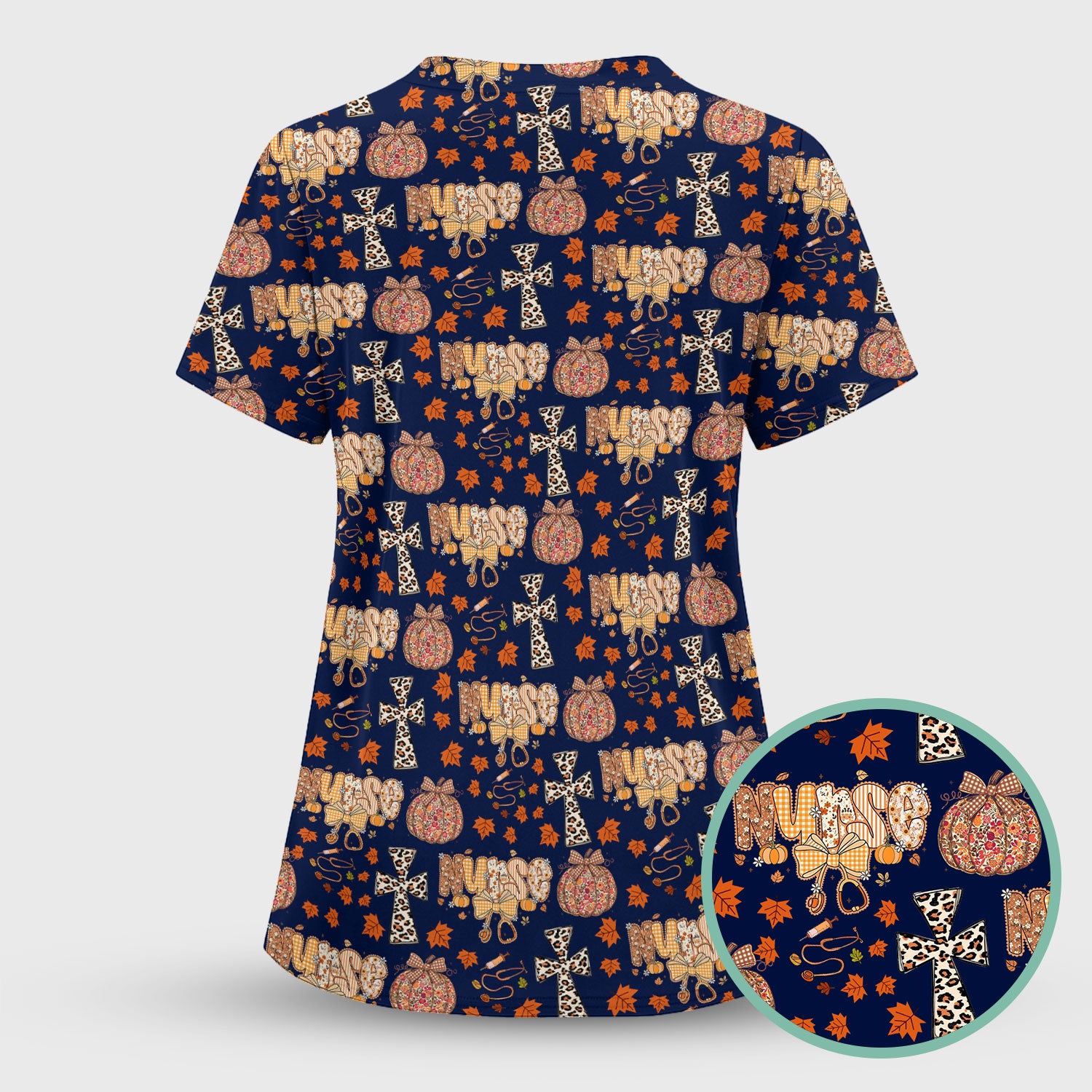 Floral Pumpkin Scrub Top for Women - Coquette Bow Thanksgiving Shirt - Comfortable Medical Uniform