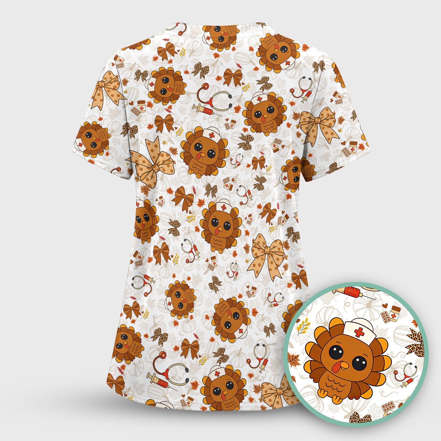 Thanksgiving Turkey Nurse Scrub Top for Women - Cute Fall Leaves and Bow Shirt - Autumn Medical Shirt Gift for RN CNA LPN Doctor