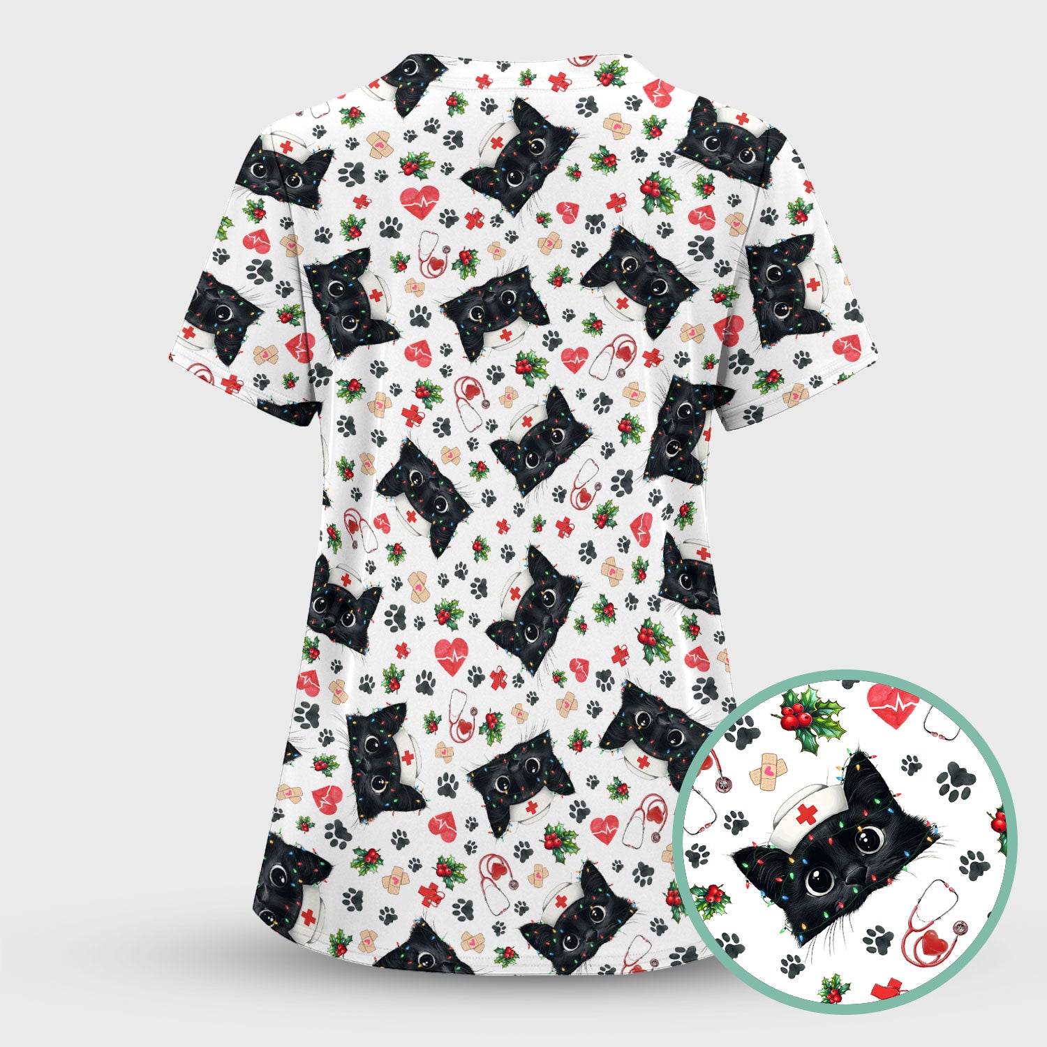 Funny Cats Scrub Top for Nurses - Black Kittens Christmas Medical Uniform - Jolly Holiday Gift for RN CNA LPN