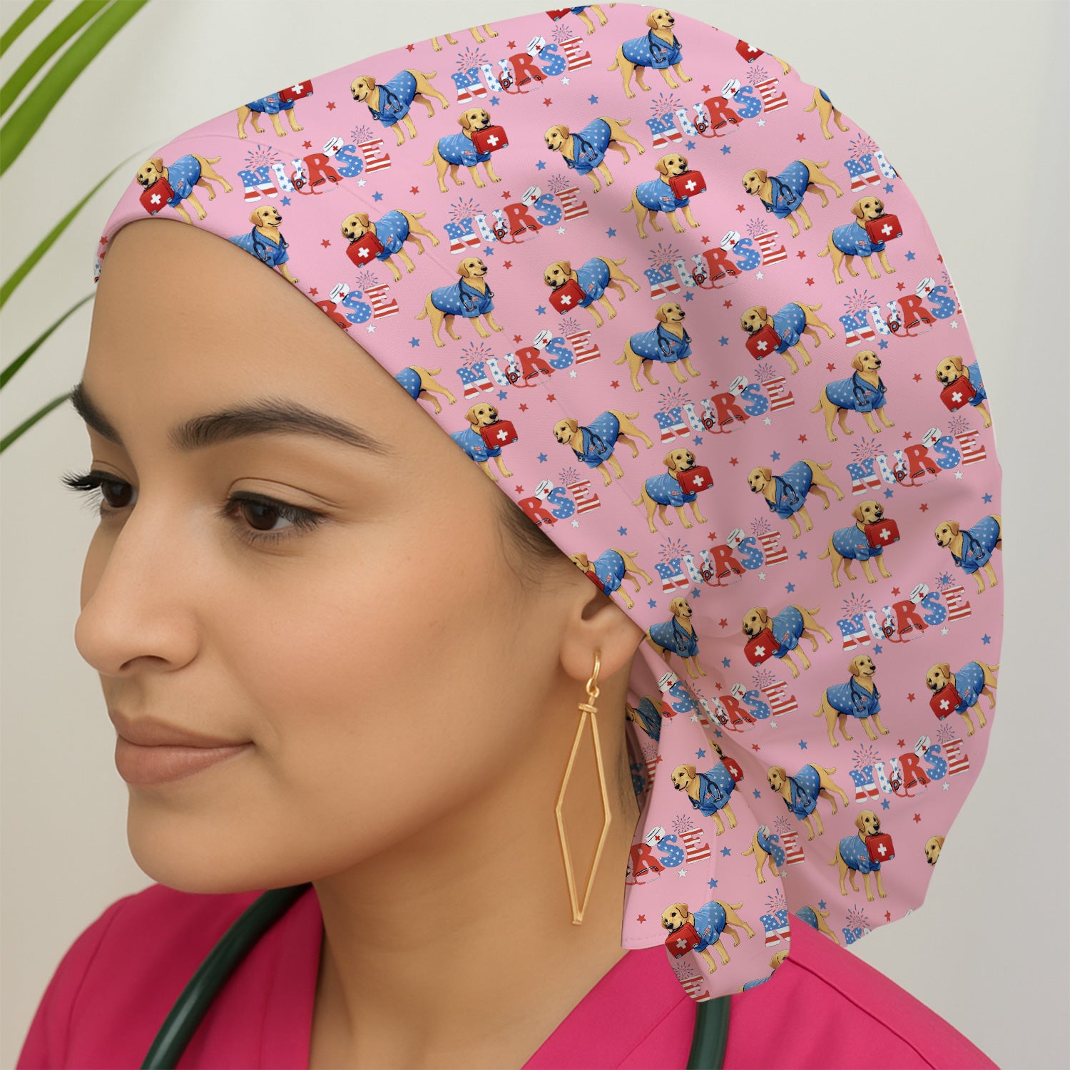 Patriotic Nurse Dog Medical Pattern Cap, Bouffant Scrub Caps for Women