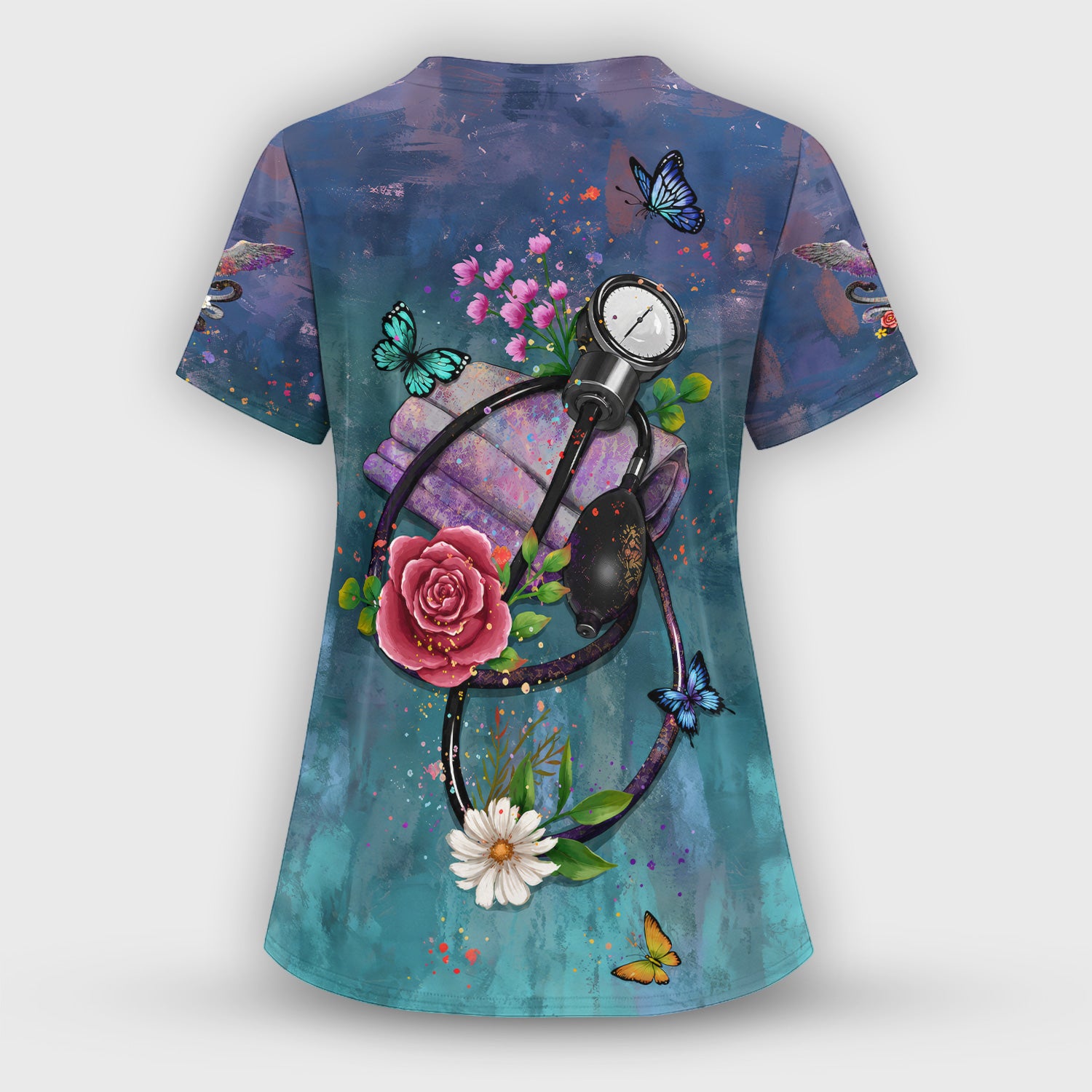 Floral Stethoscope Nurse Pattern Scrub Set, Scrub Pants and V Neck Top