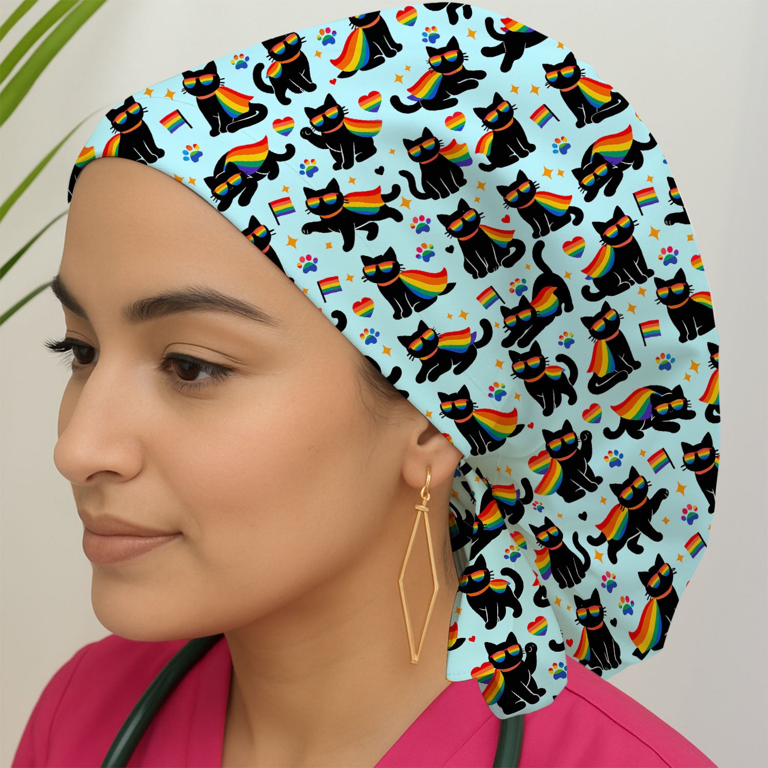 Rainbow Black Cat Pride Pattern Scrub Cap, Surgical Caps for Doctors