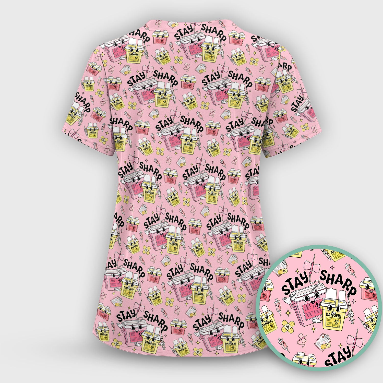 Stay Sharp Nurse Scrub Top, Cute Medical Pattern Scrubs, Breathable Fabrics Nursing Uniform