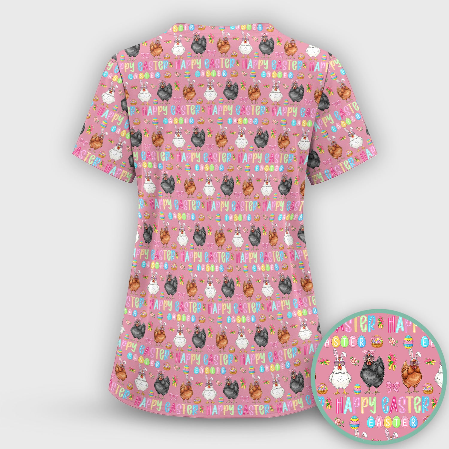 Happy Easter Bunny Eggs Pattern Scrubs Top, Comfortable Scrubs for Nurses