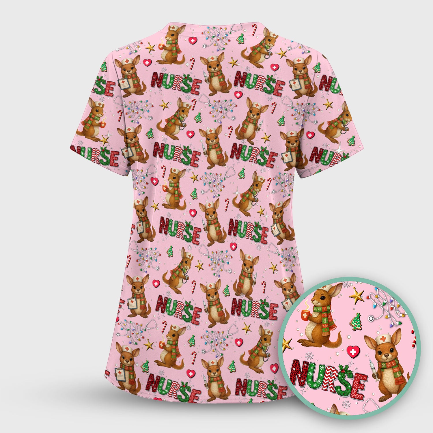 Aussie Kangaroo Christmas Scrub Top - Funny Holiday Nurse Shirt for Women - Cute Animal Medical Uniform