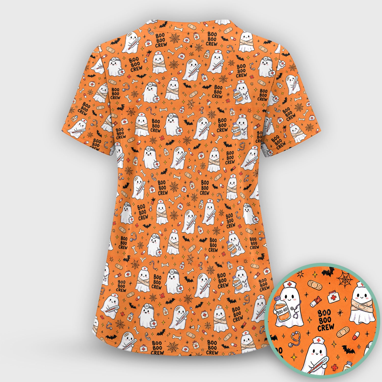 Cute Halloween Boo Boo Crew Ghost Scrub Set, Scrub Pants and V Neck Top