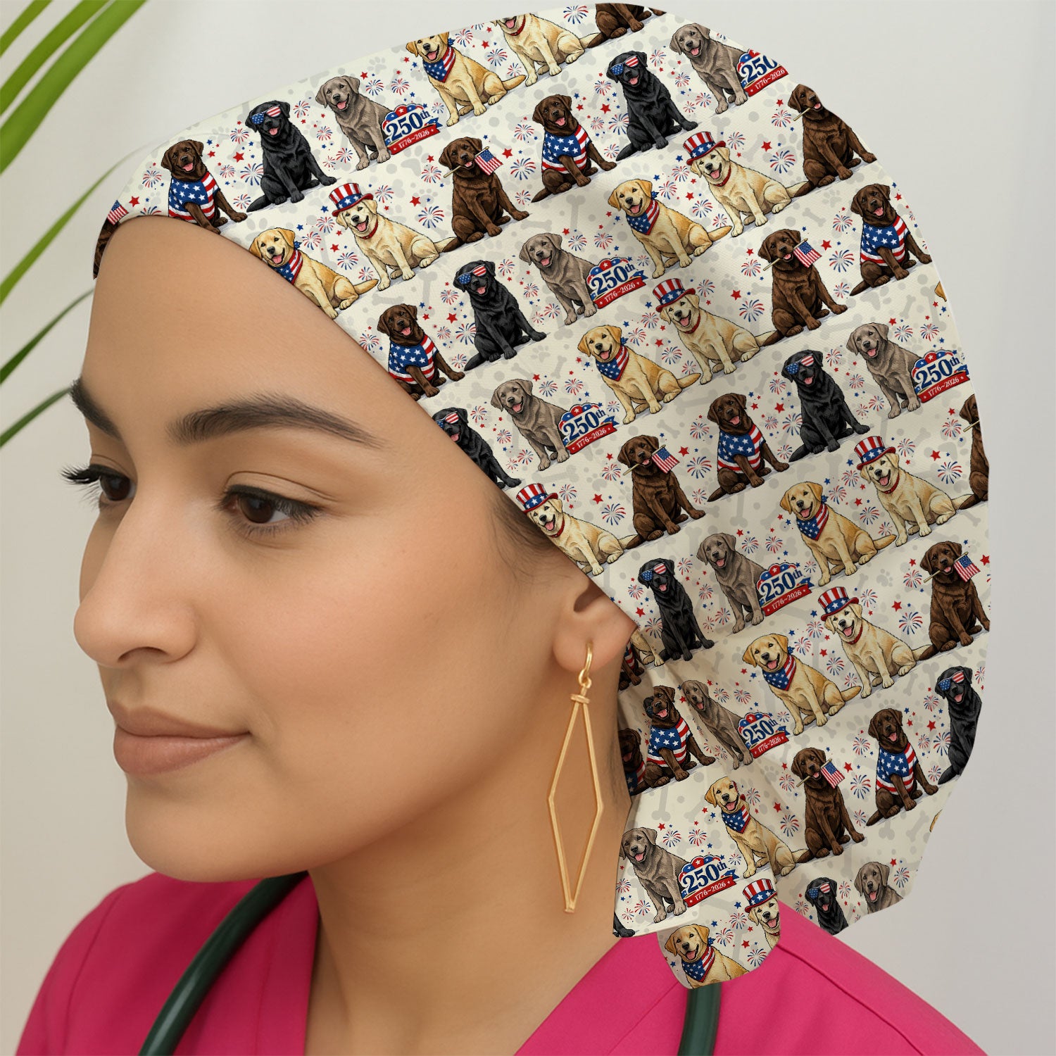 4th of July Labrador Dog Patriotic Print Cap, Bouffant Scrub Caps for Women