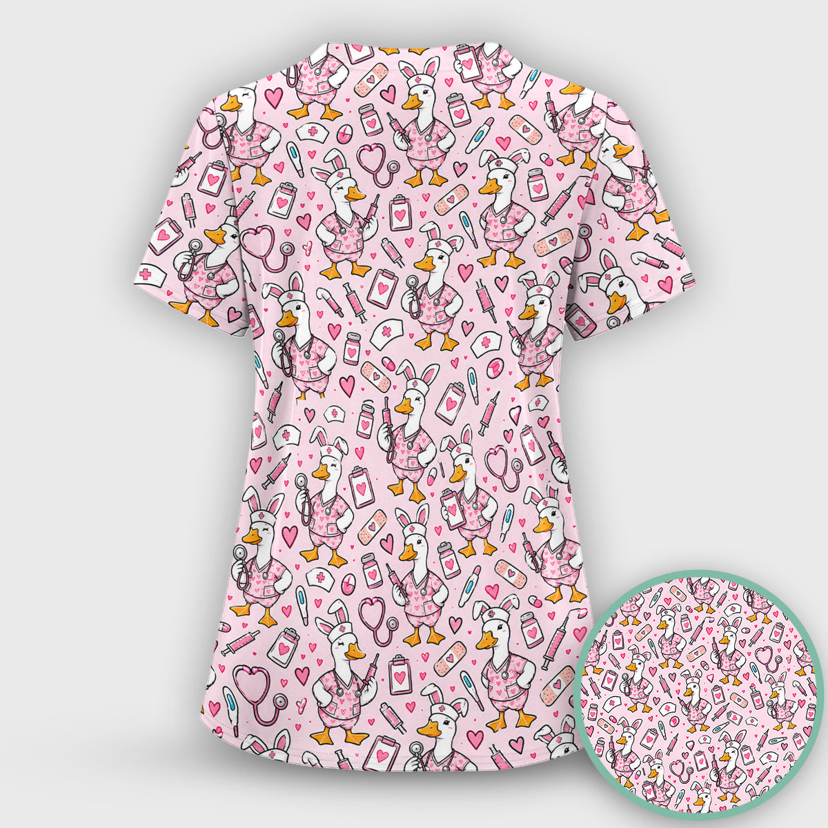 Cute Easter Goose With Bunny Ears Scrub Set, Scrub Pants and V Neck Top
