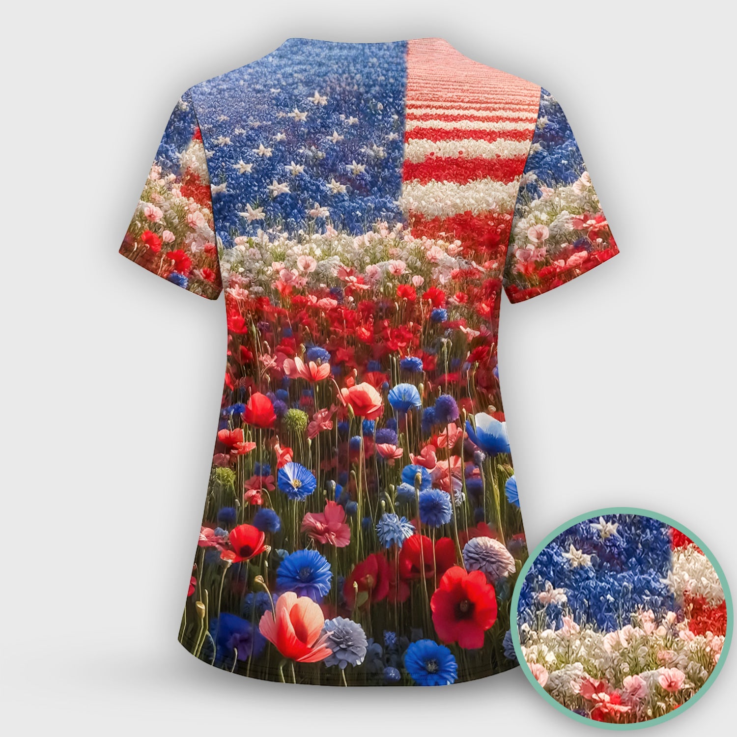 Festive Nurse American Flag Wildflower Field Scrub Top, Breathable Fabrics Nursing Uniform