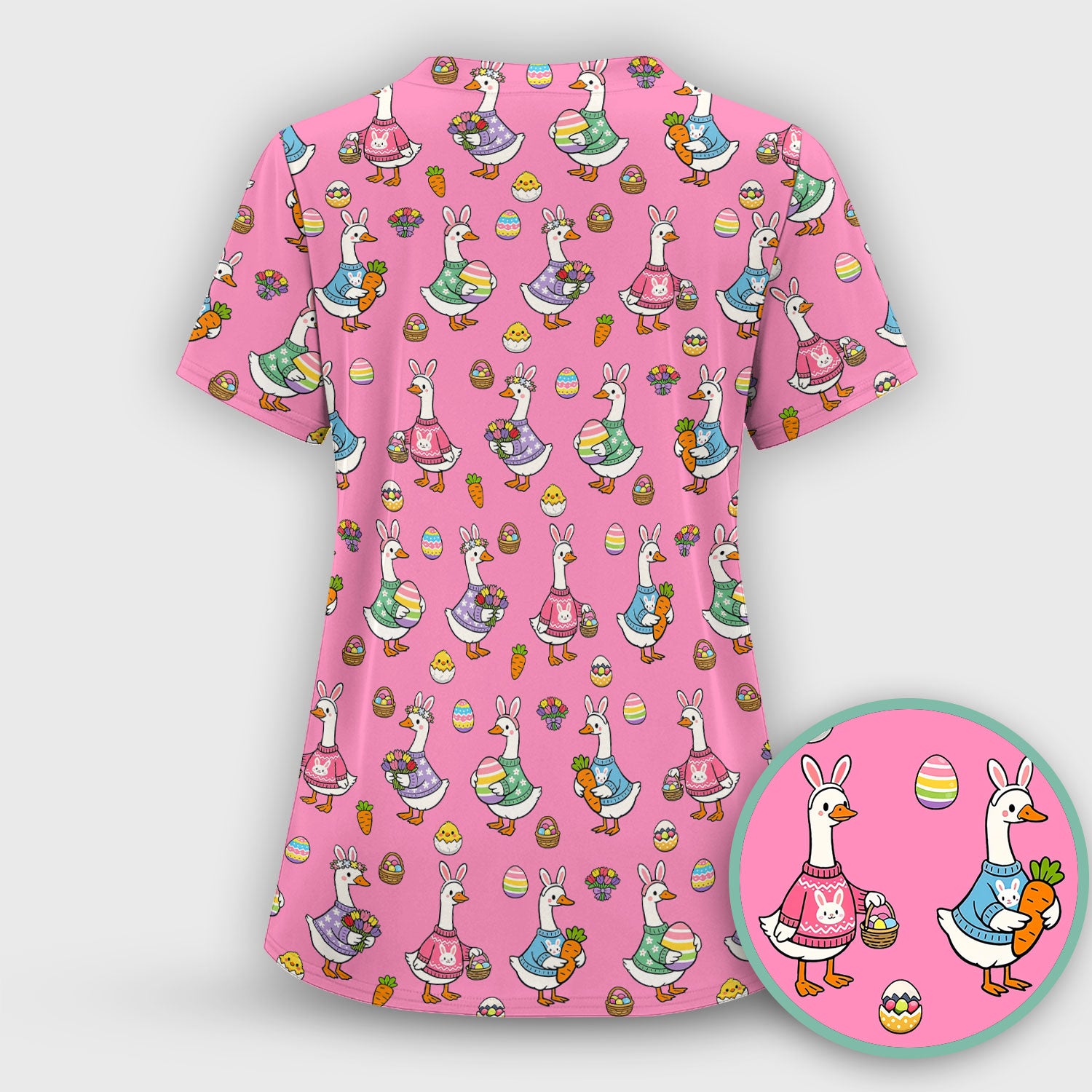 Cute Easter Goose Pattern Scrub Top, Breathable Fabrics Nursing Uniform