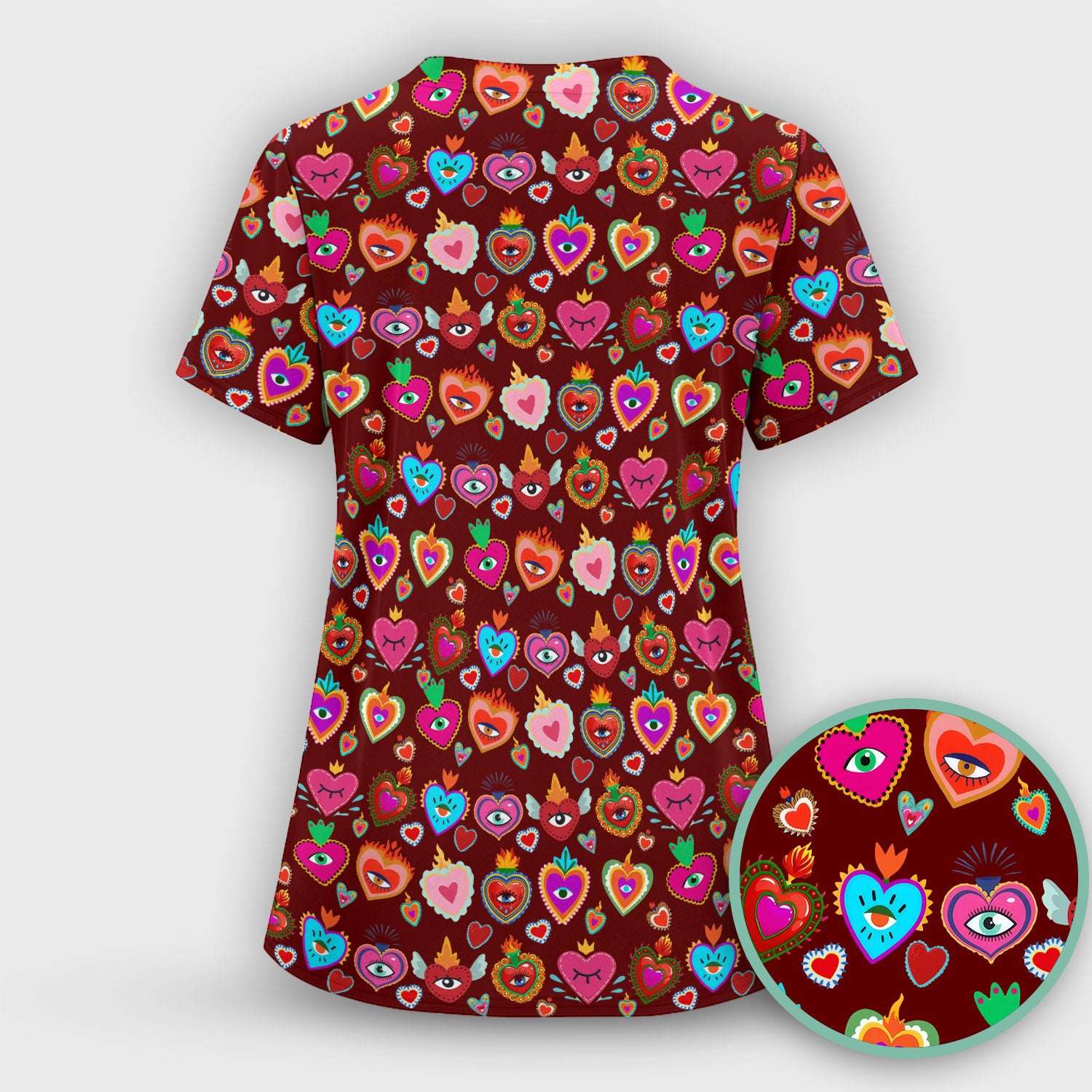 Valentine Colorful Sacred Heart Print Medical Scrub Top, Comfortable Scrubs for Nurses