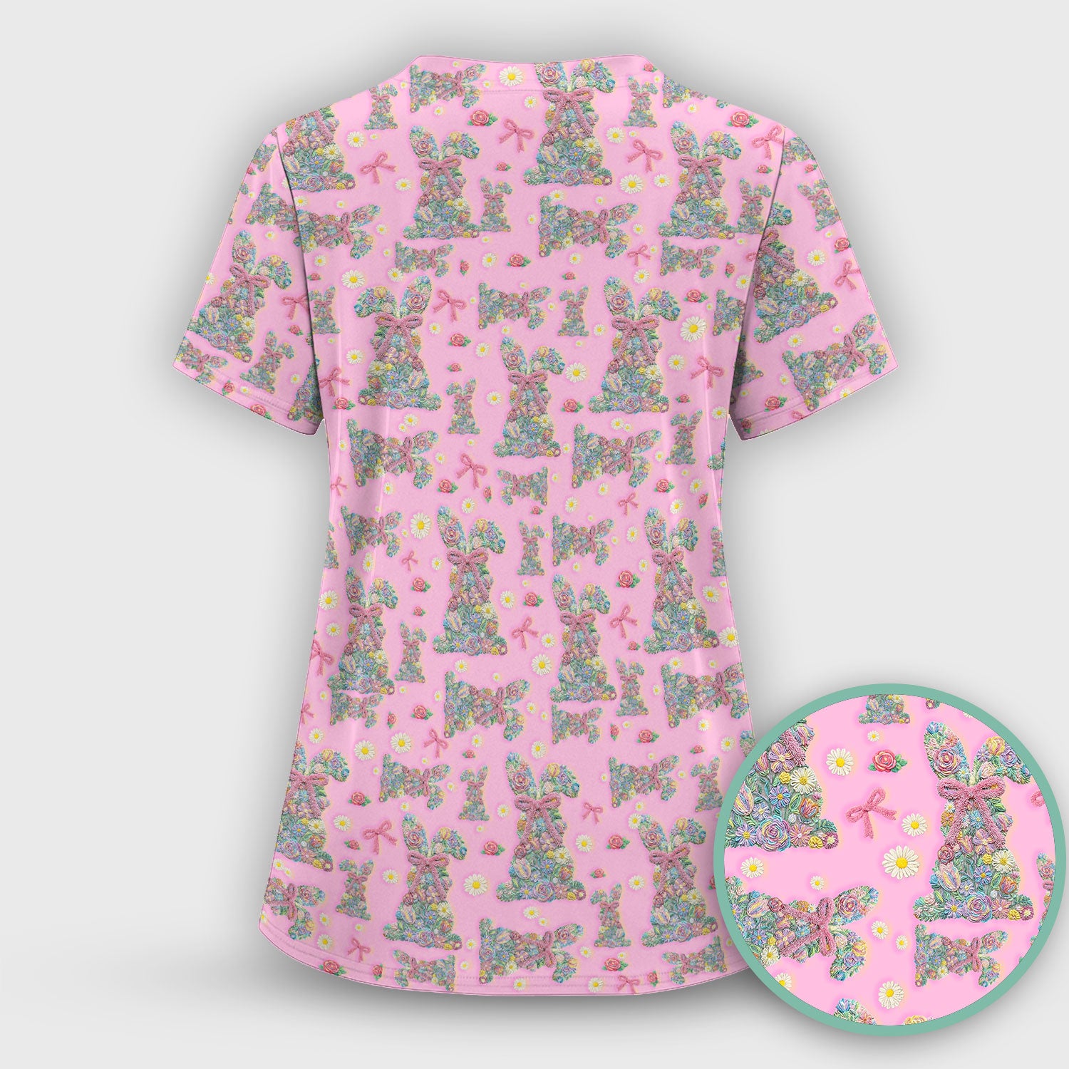 Colorful Floral Bunny with Pink Bow Pattern Scrub Top, Breathable Fabrics Nursing Uniform, Easter