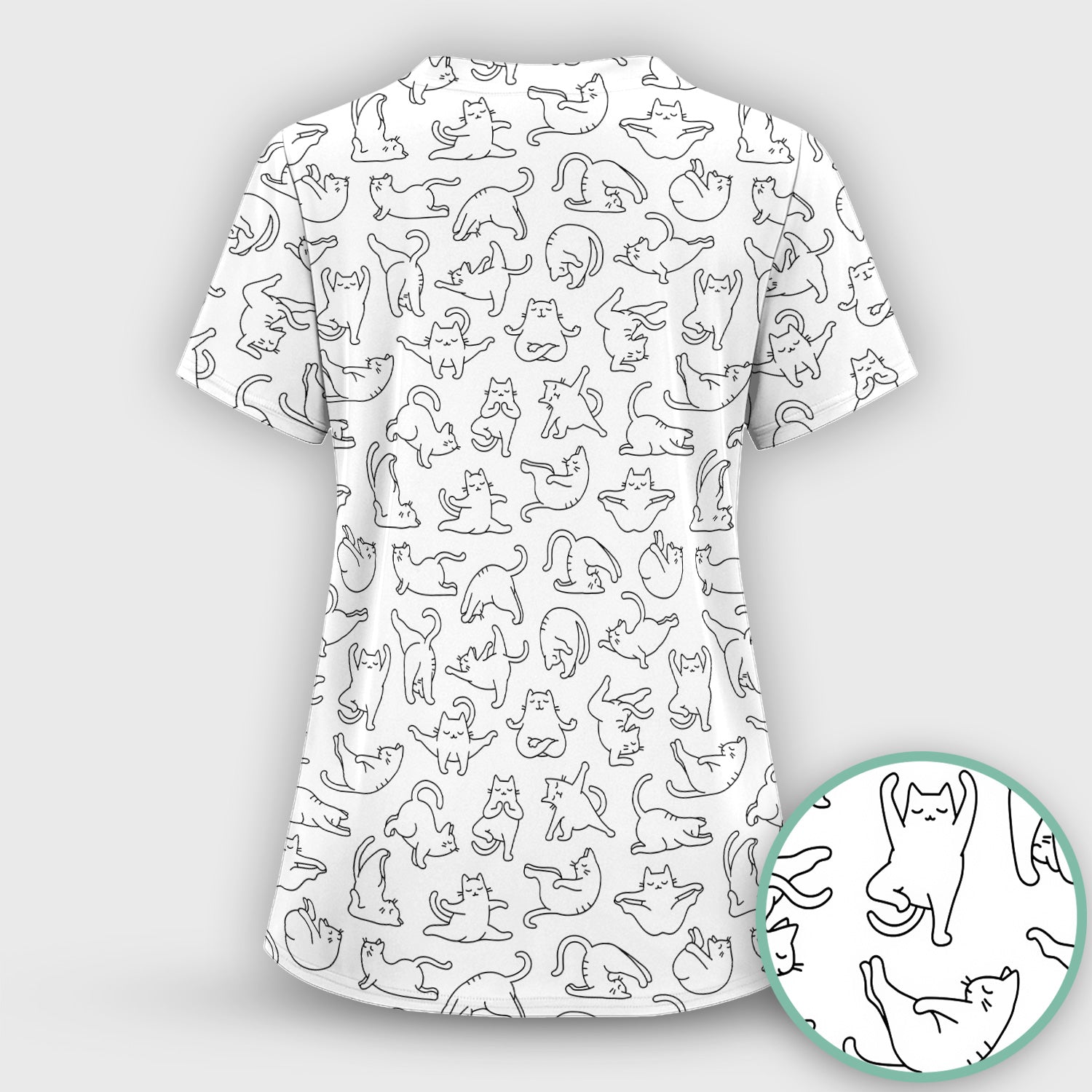 Cute Cat Outline Playing Pattern Scrub Top, Colorful Gothic Nurse Scrubs Uniform