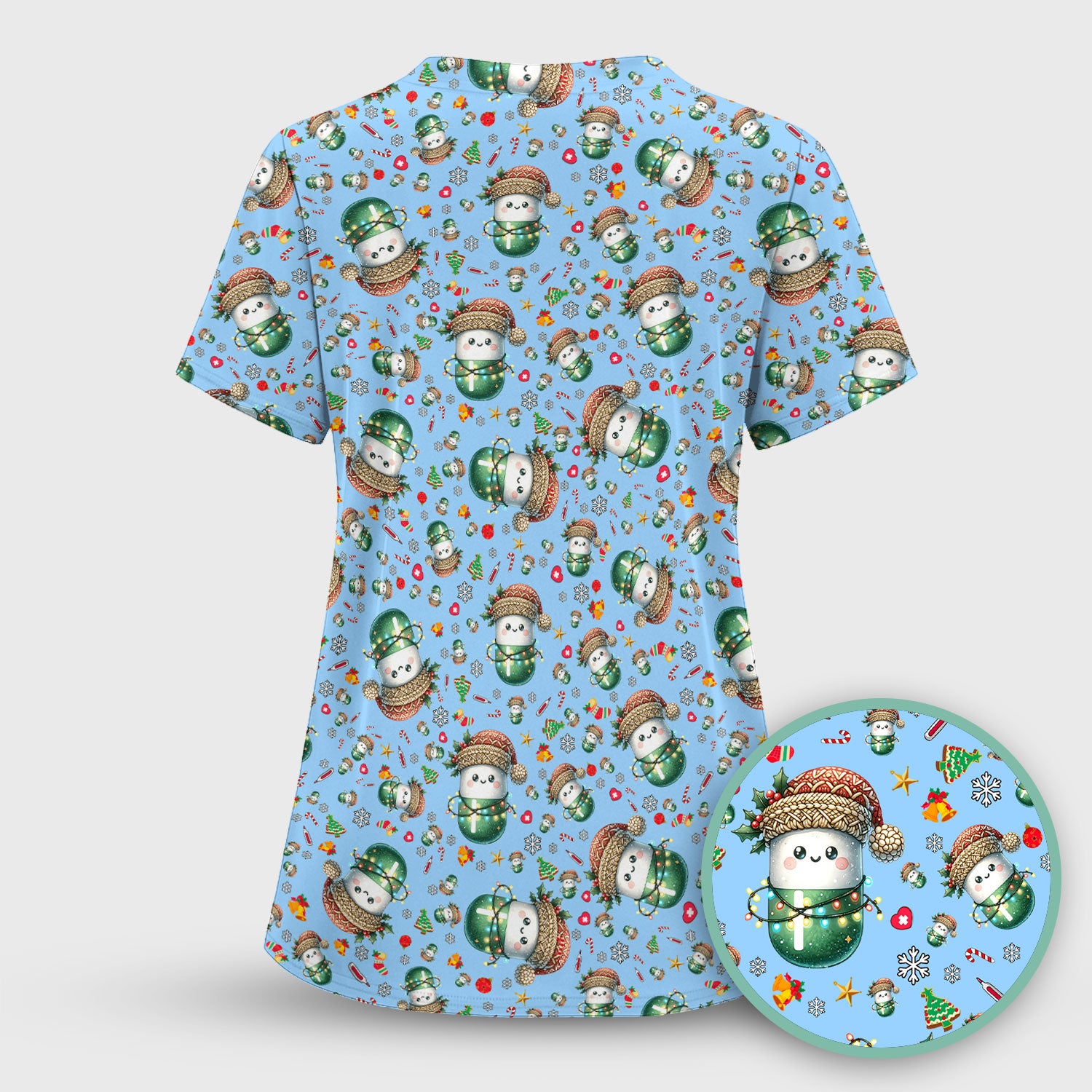 Pharmacy Tech Christmas Scrub Top – Cute Green Snowman Print Nurse Outfit – Funny Holiday Medical Uniform for Pharmacists
