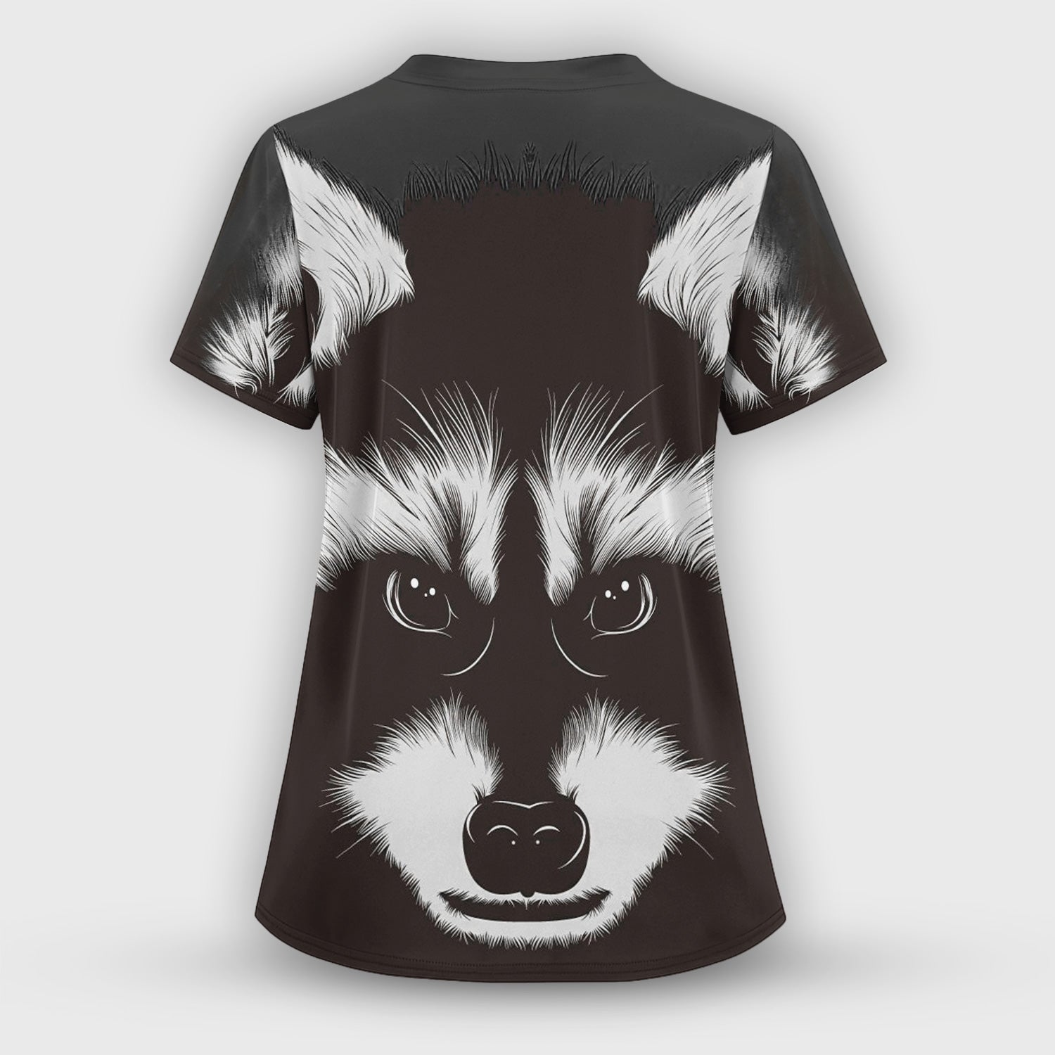 Black White Raccoon Face Pattern Scrub Set, Scrub Pants and V Neck Top