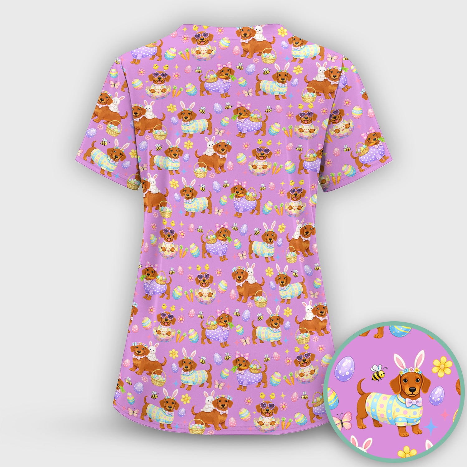 Cute Easter Dachshund Dog Pattern Scrub Top, Breathable Healthcare Uniform Top