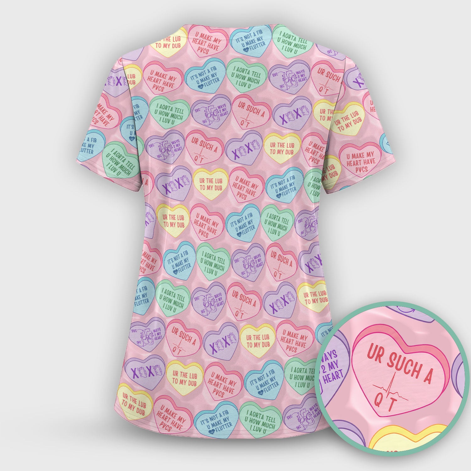 Medical Candy Heart Valentine Pattern Women’s Scrub Sets, Fun Medical Pattern, Breathable Med Uniform