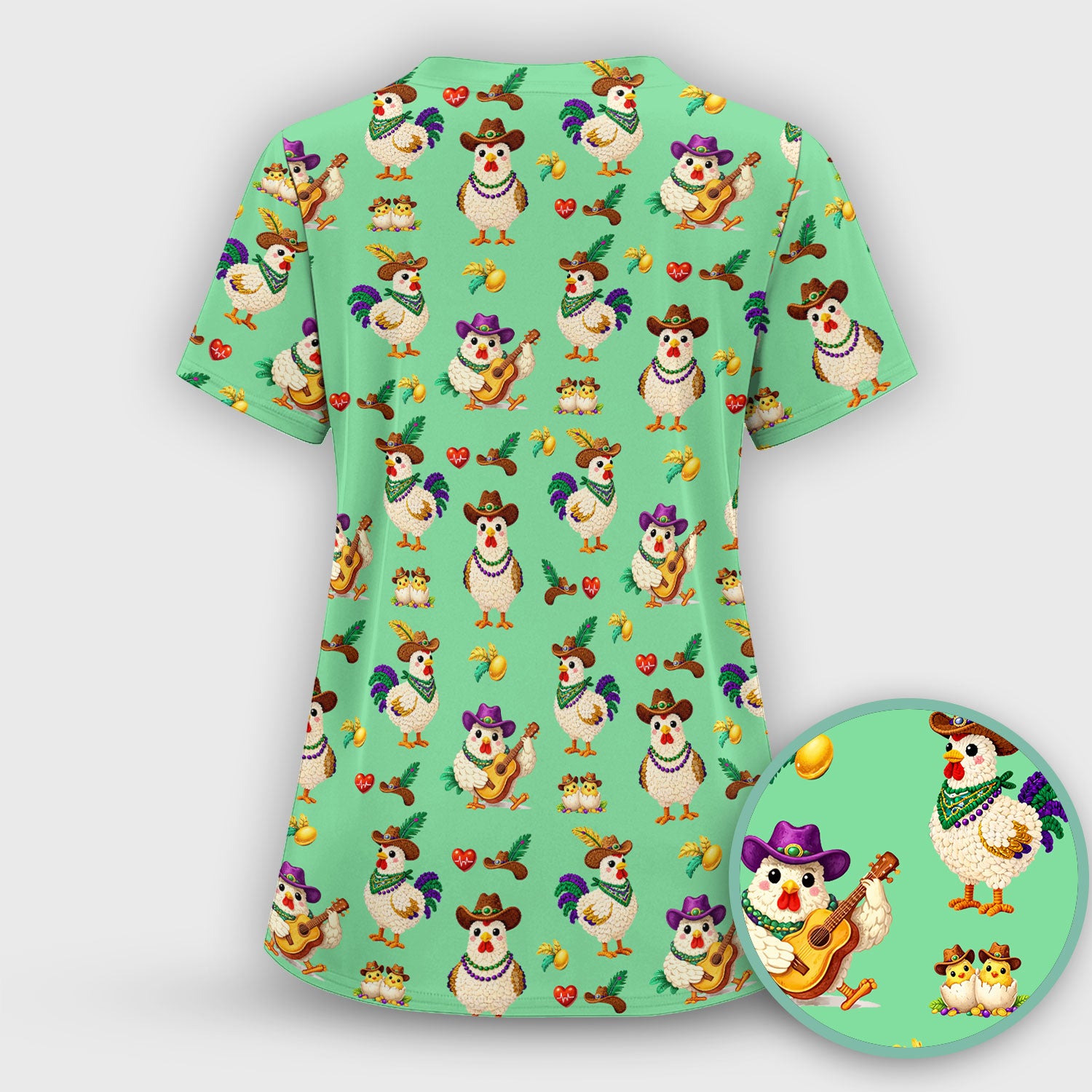 Funny Mardi Gras Rooster Cowboy Print Scrub Top, Comfortable Scrubs for Nurses