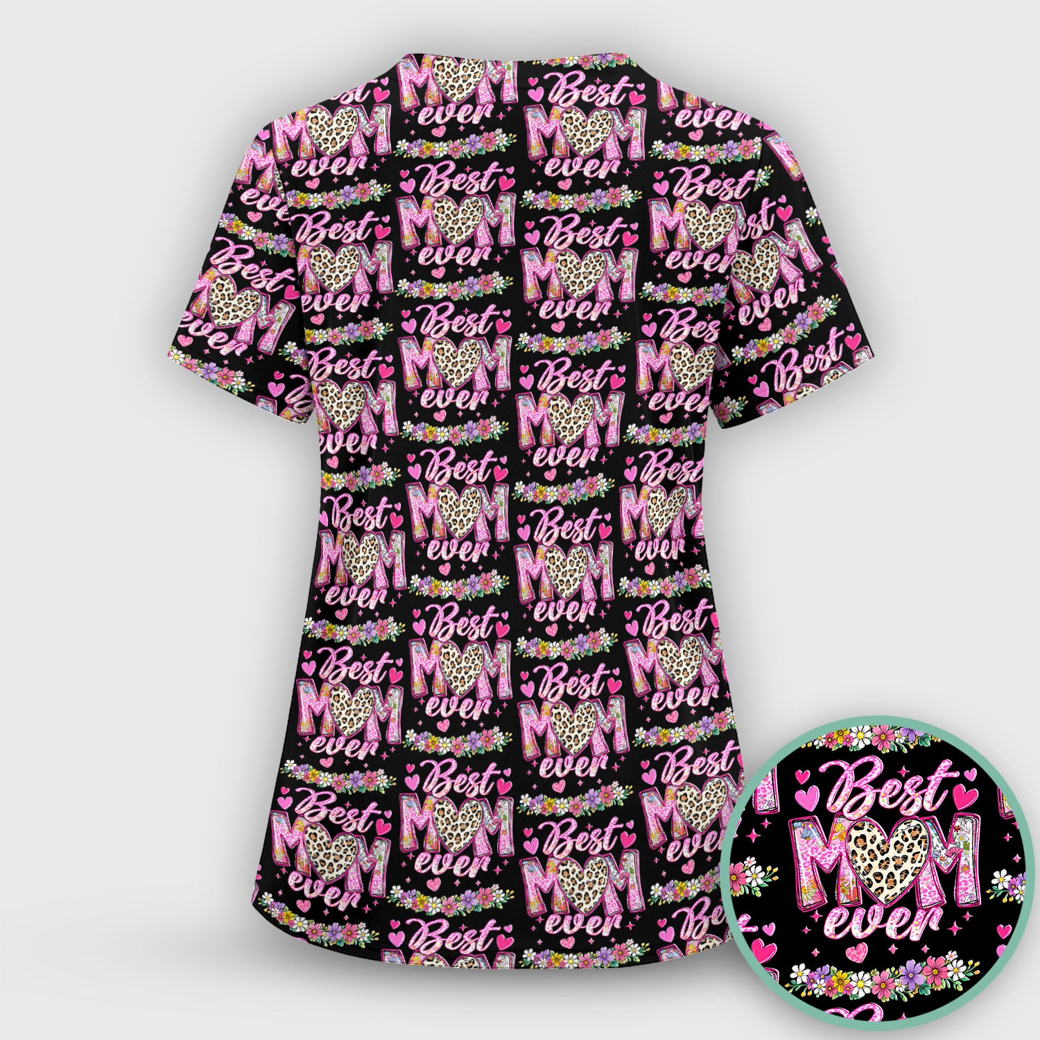 Best Mom Ever Leopard Heart Floral Pattern Scrub Set, Nurse Uniform Scrubs Set