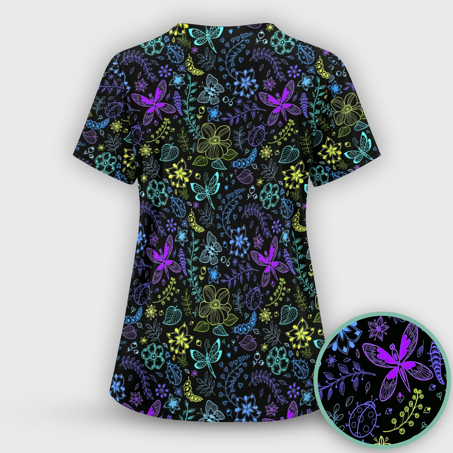 Neon Butterfly and Floral Garden Pattern Scrub Top, Comfortable Scrubs for Nurses