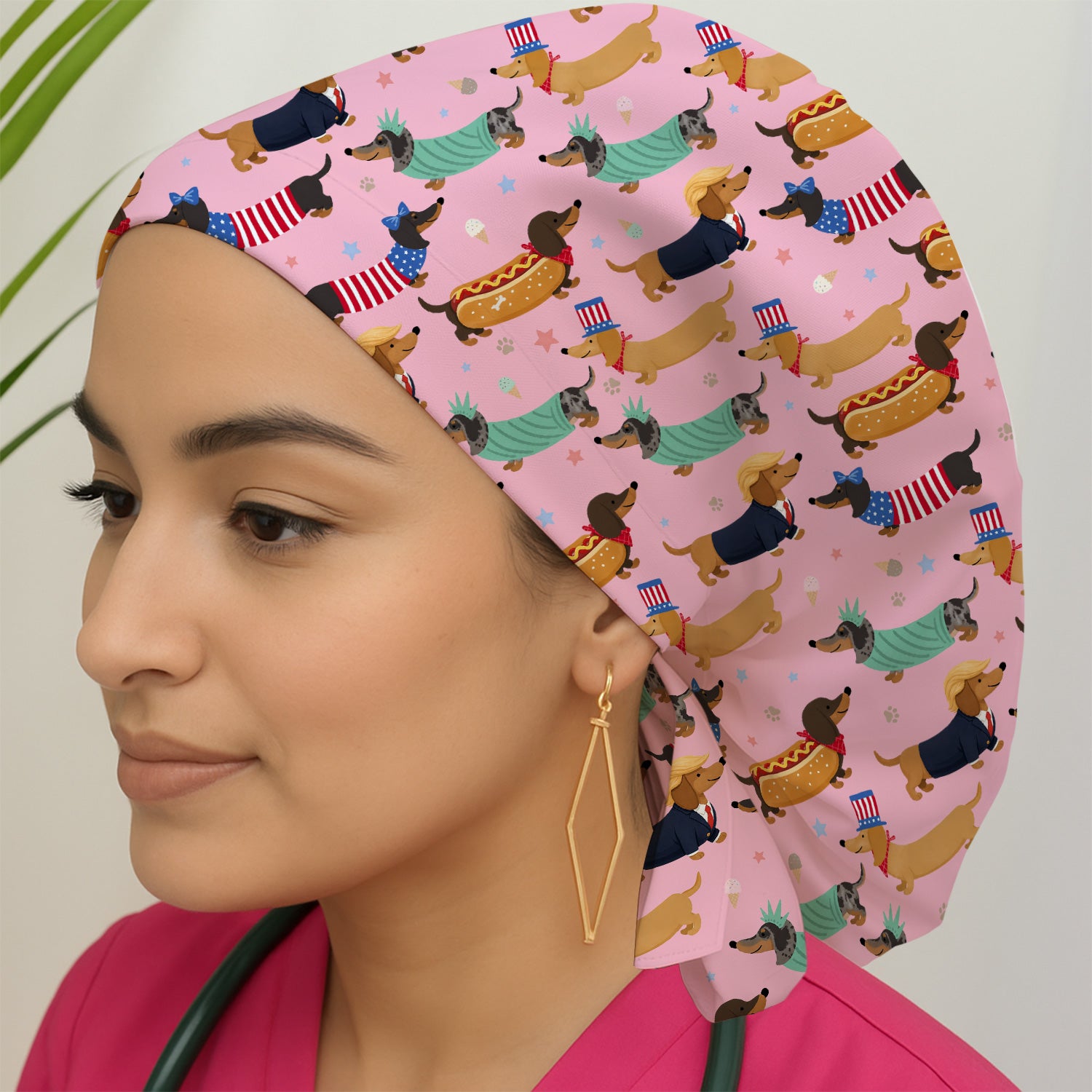 Funny Patriotic Dachshund Costume Dogs Pattern Cap, Bouffant Scrub Caps for Women