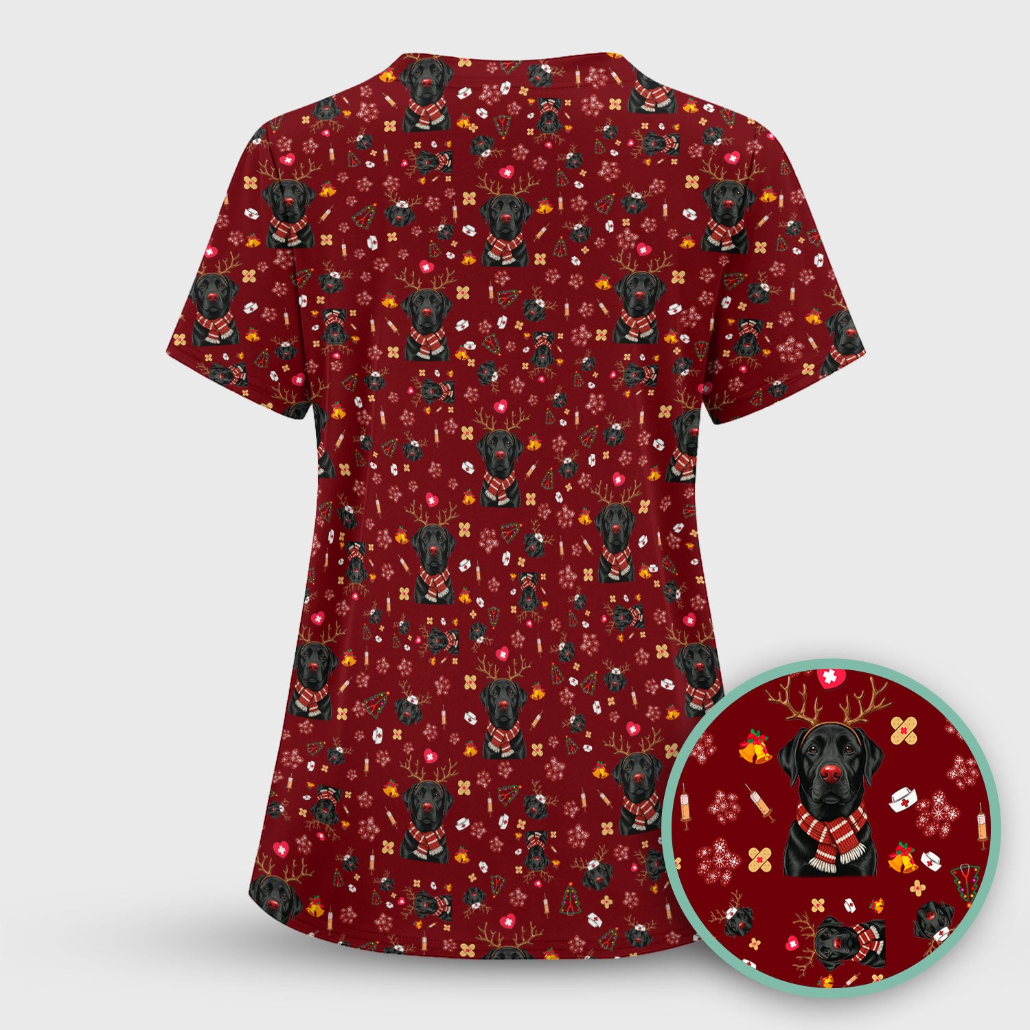 Funny Black Lab Reindeer Scrub Top - Christmas Dog Nurse Shirt - Cute Holiday Medical Uniform Gift for RN LPN CNA