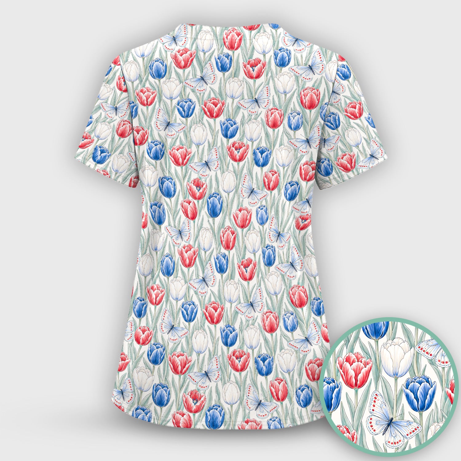 Patriotic Tulip Butterfly Nurse for RN, CNA, Healthcare Workers Scrub Set, Scrub Pants and V Neck Top