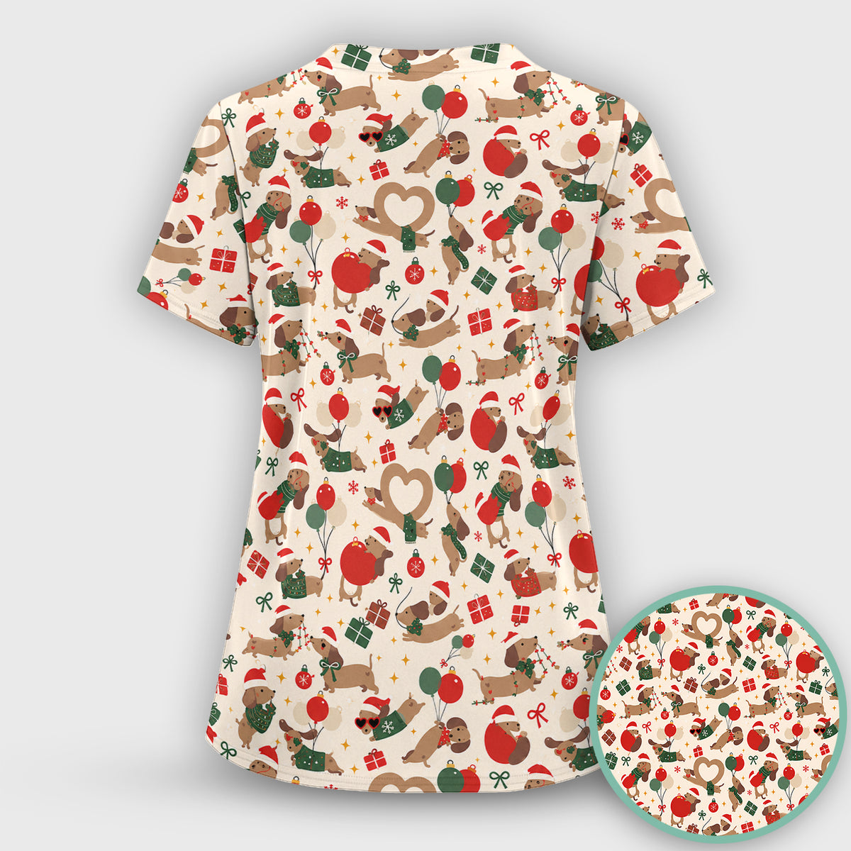 Cute Christmas Dachshund Pattern Scrub Top, Comfortable Scrubs for Nurses