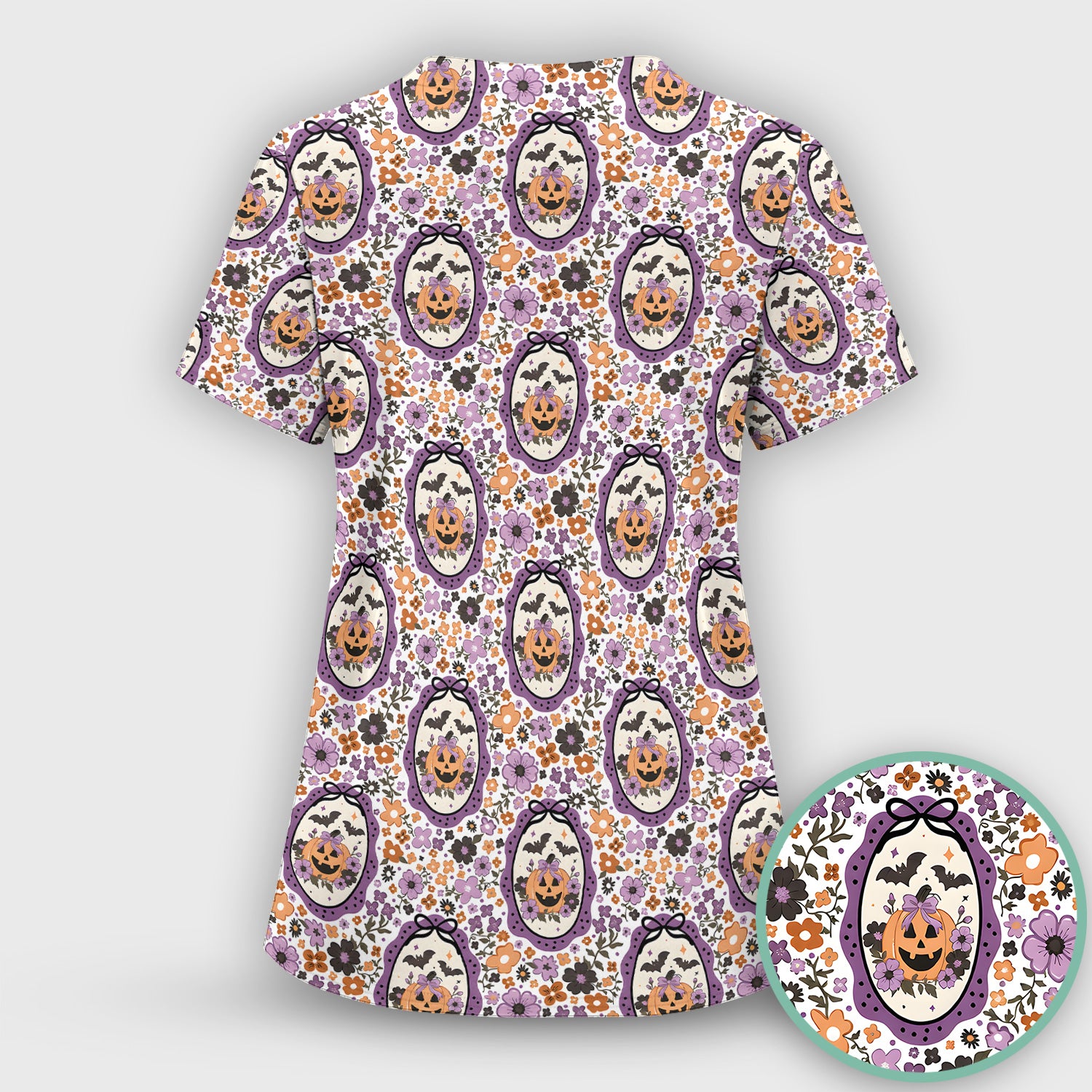 Halloween Pumpkin with Floral Print Scrub Set, Scrub Pants and V Neck Top