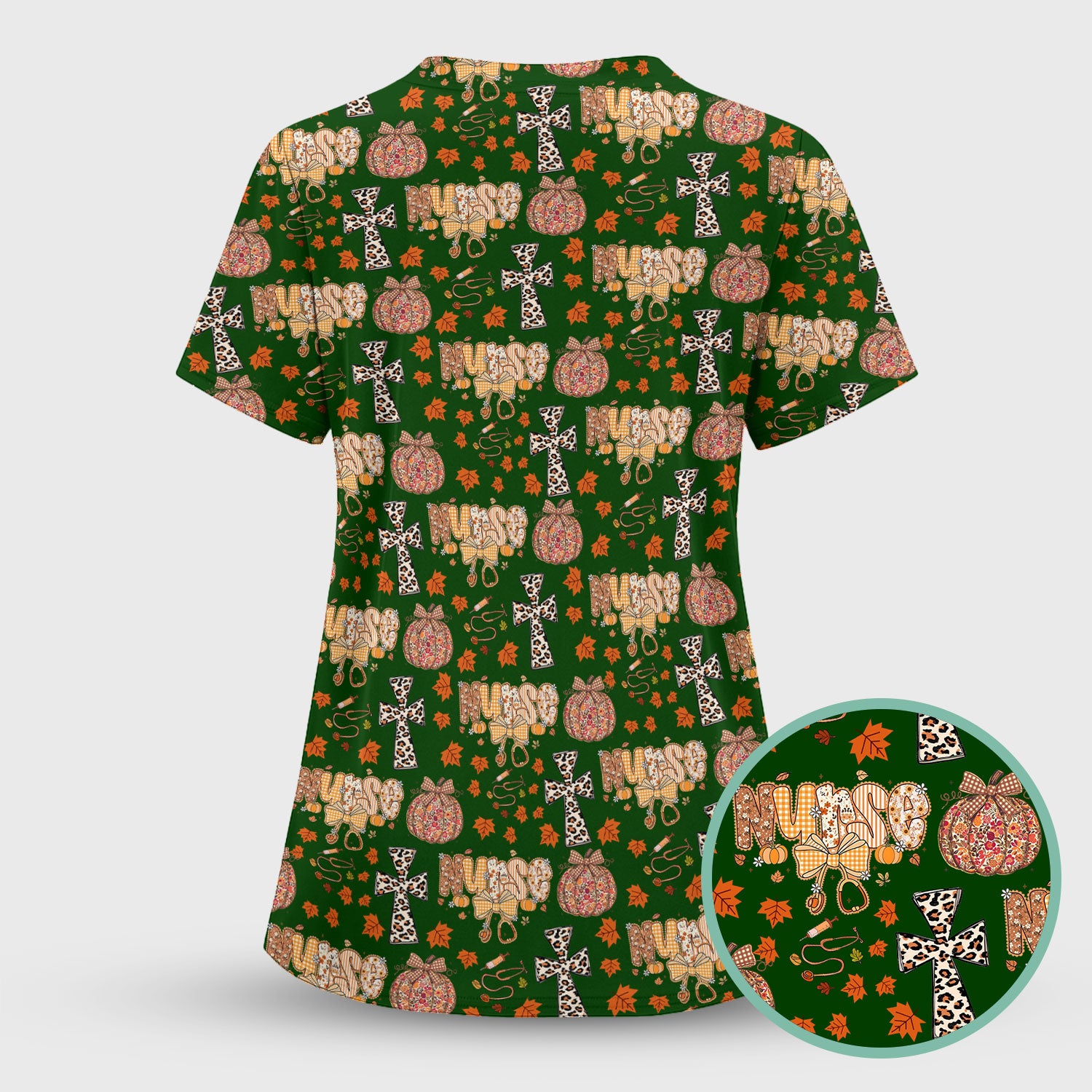 Floral Pumpkin Scrub Top for Women - Coquette Bow Thanksgiving Shirt - Comfortable Medical Uniform