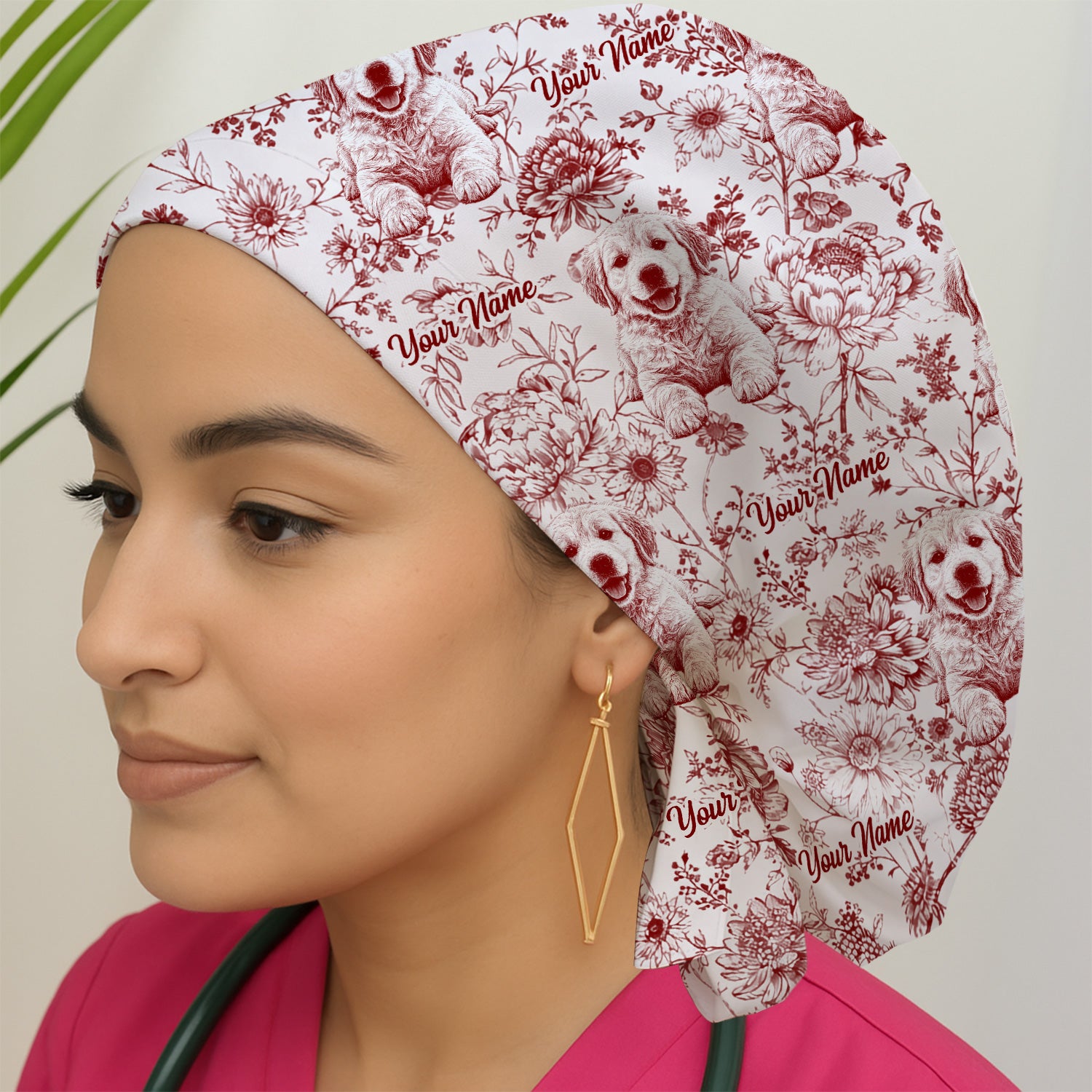 Personalized Custom Pet Photo Name Floral Pattern Scrub Cap, Surgical Caps for Doctors