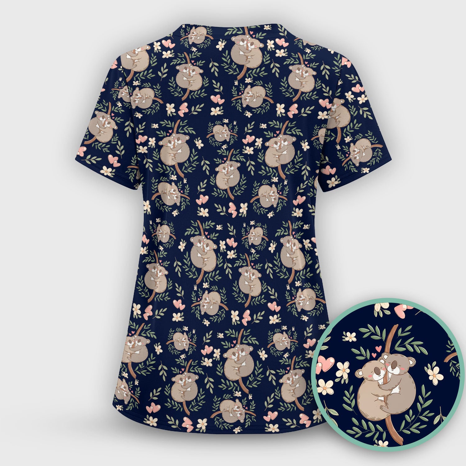 Cute Koala Couple Floral Medical Print Scrub Set, Women's Scrub Sets