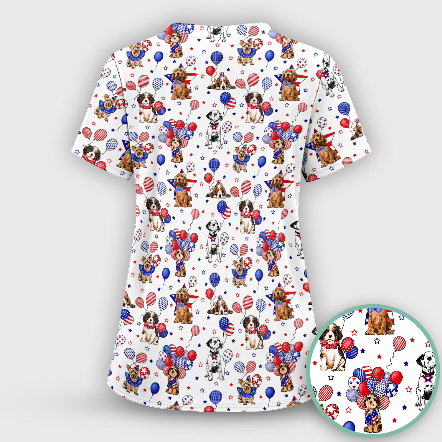 Patriotic Dogs With USA Flag Balloons Pattern Scrub Set, Scrub Pants and V Neck Top
