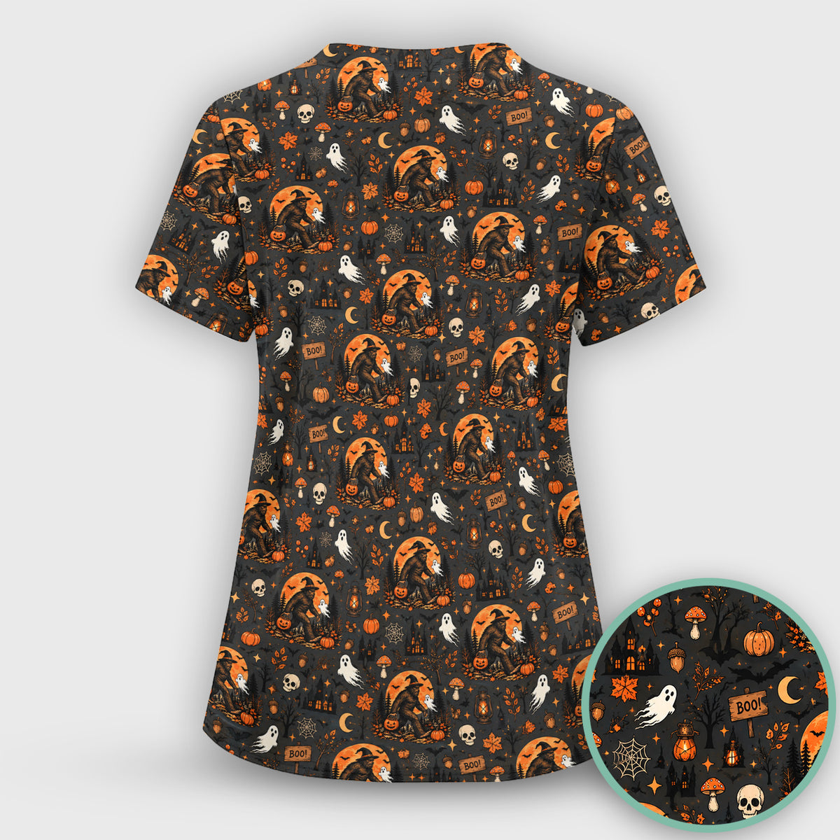 Halloween Bigfoot Ghost with Pumpkin Scrub Top, Comfortable Scrubs for Nurses