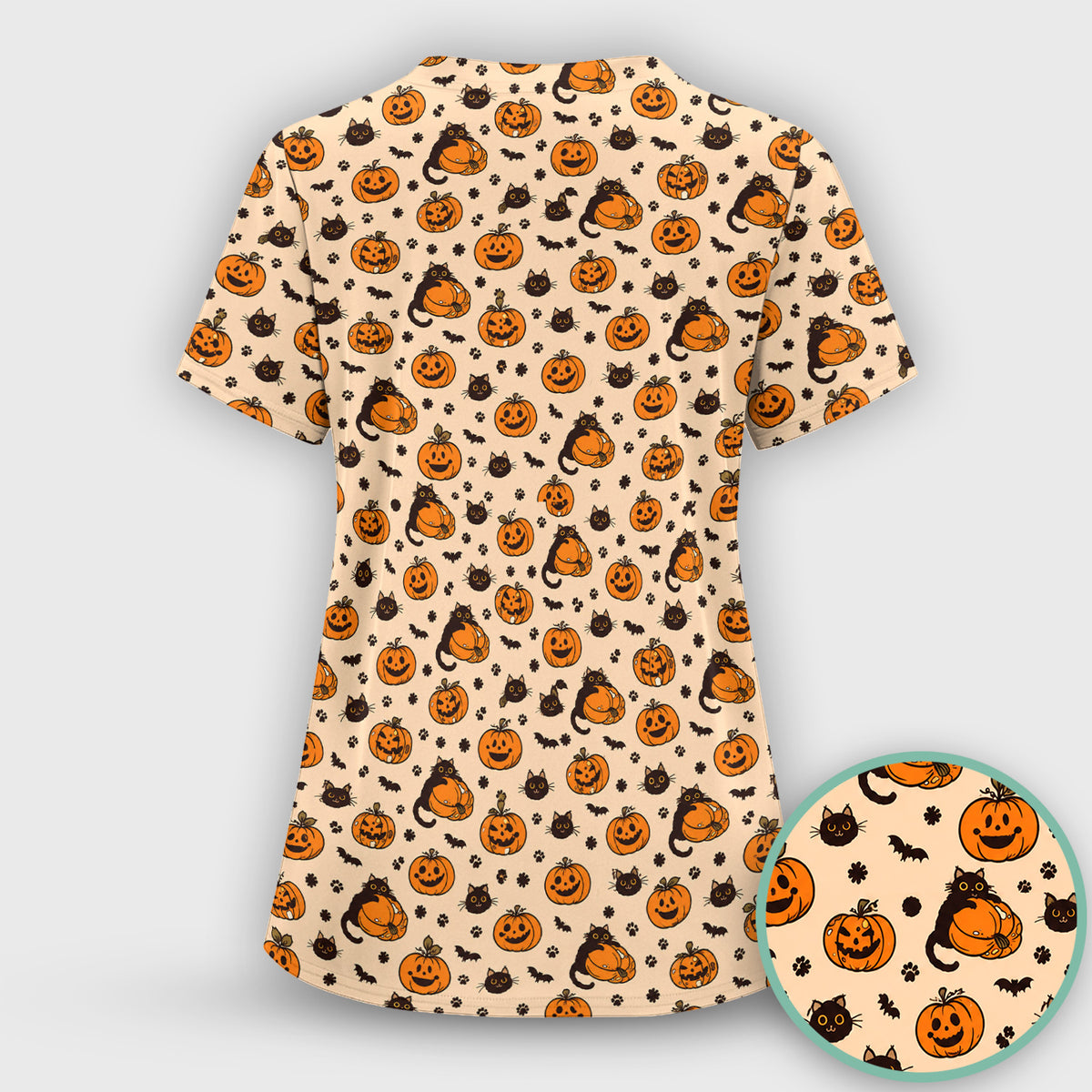 Cute Halloween Black Cat And Pumpkins Scrub Top, Comfortable Scrubs for Nurses