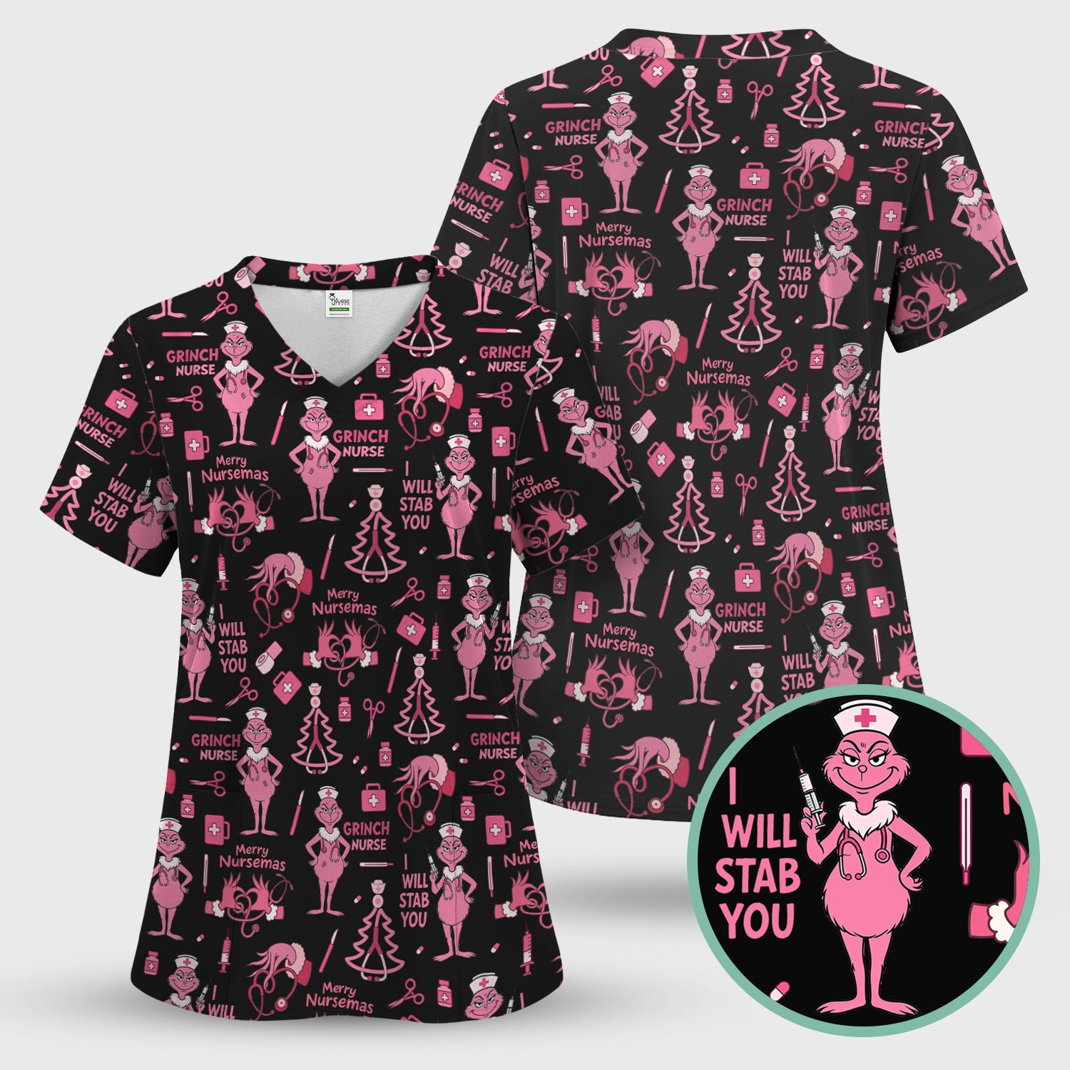 Personalized Funny Grinch Nurse Scrub Top - I Will Stab You - Multiple Color Options RN LPN CNA Gift