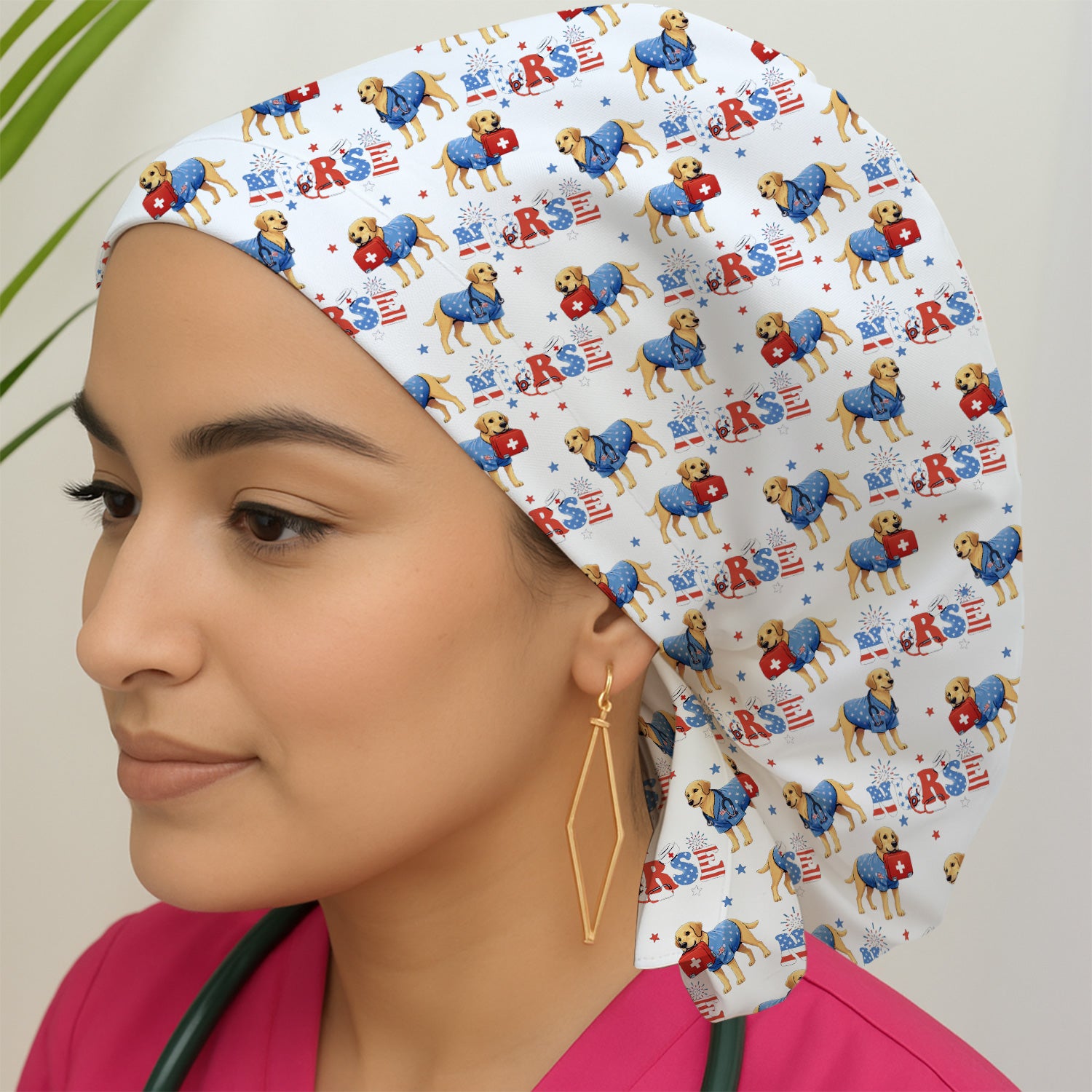 Patriotic Nurse Dog Medical Pattern Cap, Bouffant Scrub Caps for Women