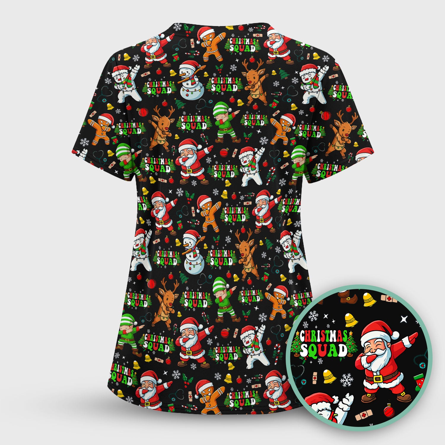 Christmas Squad Scrub Top - Funny Santa & Reindeer Shirt - Cute Holiday Medical Uniform for Nurses, Doctors & Vet Techs