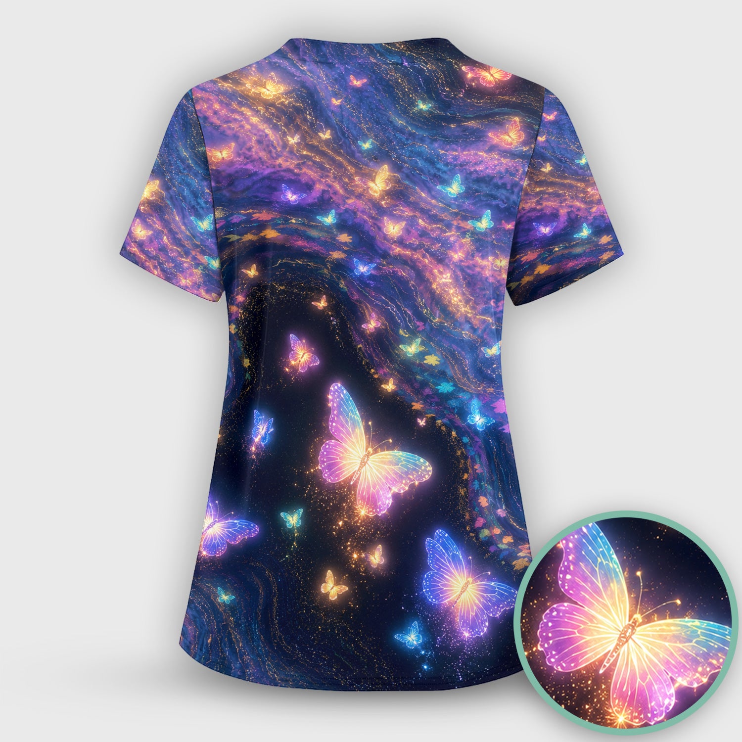 Neon Butterfly Galaxy Marble Print Scrub Top, Comfortable Scrubs for Nurses
